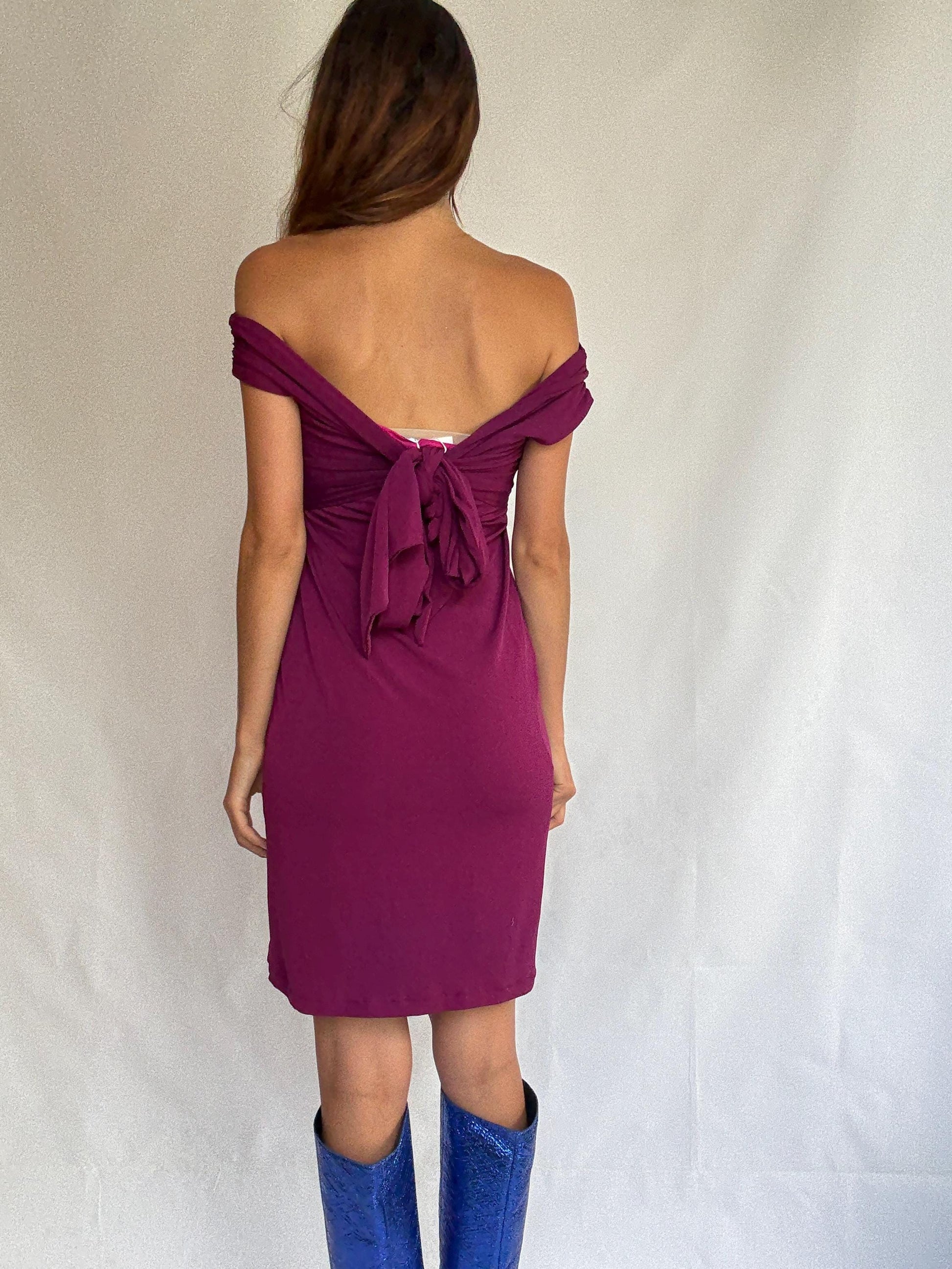 Off-shoulder magenta dress with back bow by Panambi, made in Spain, elegant stretch party dress, new with tags, size 38