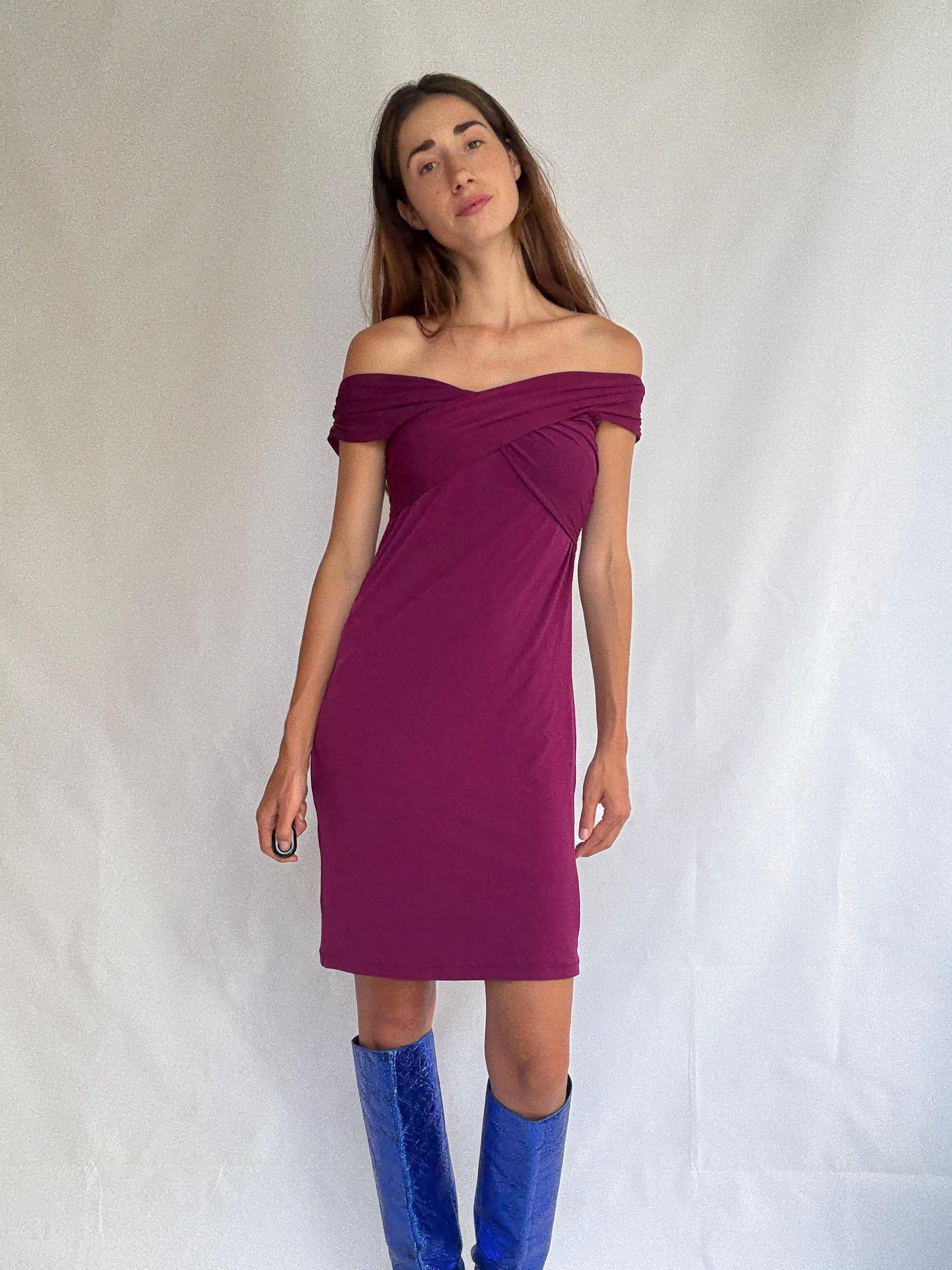 Off-shoulder magenta dress with back bow by Panambi, made in Spain, elegant stretch party dress, new with tags, size 38