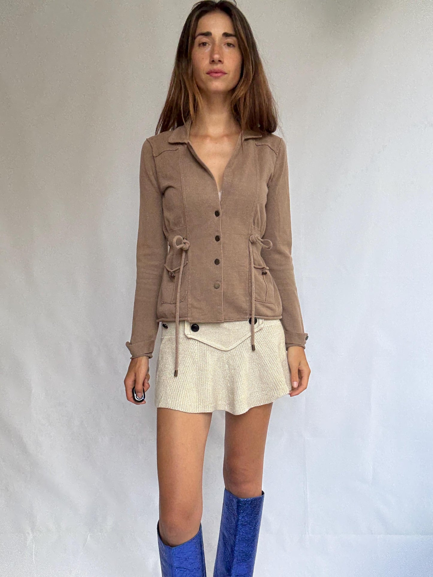 Vintage Brown Cinched Waist Cotton Blazer — detail