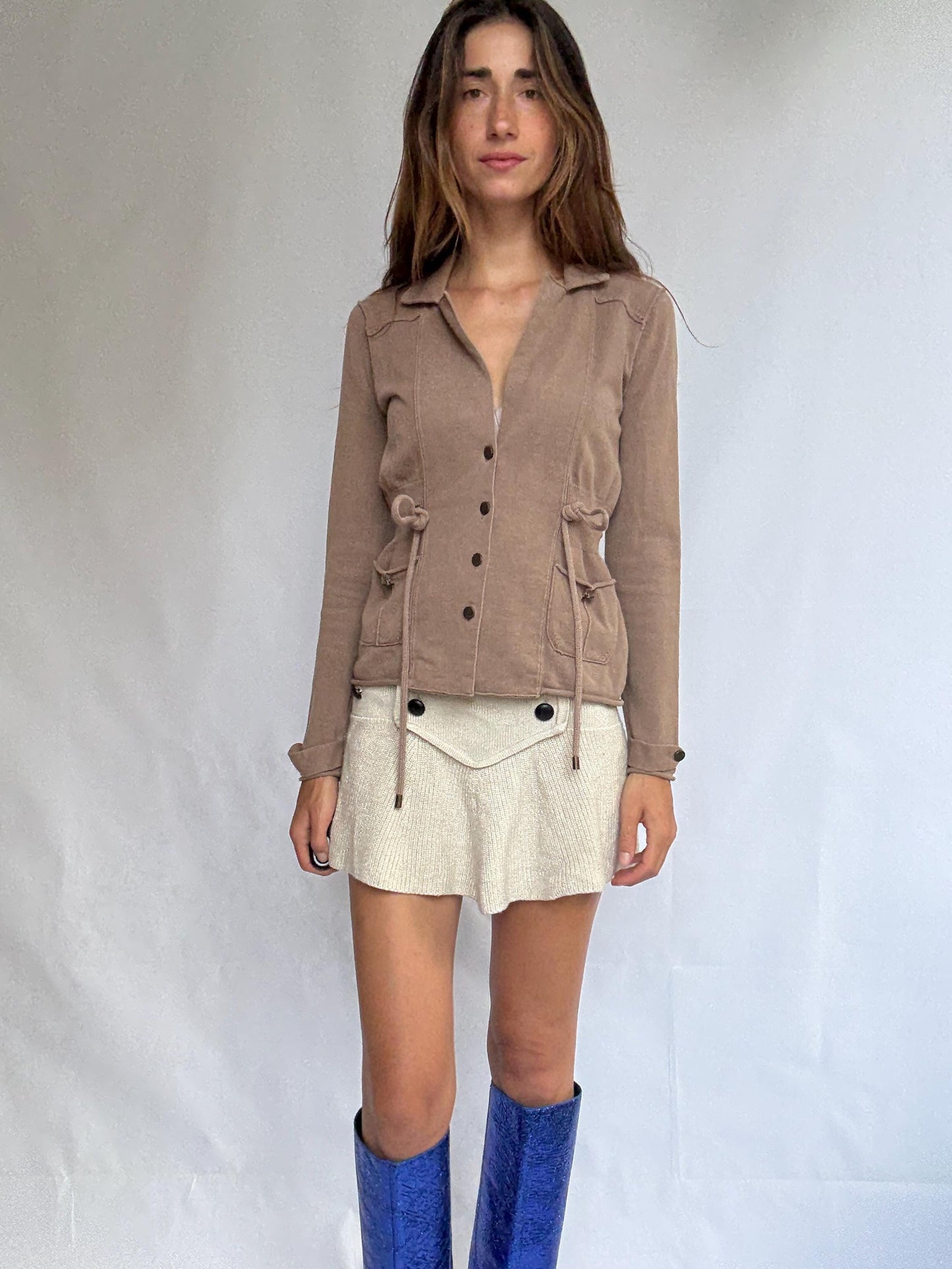 Vintage Brown Cinched Waist Cotton Blazer — back view