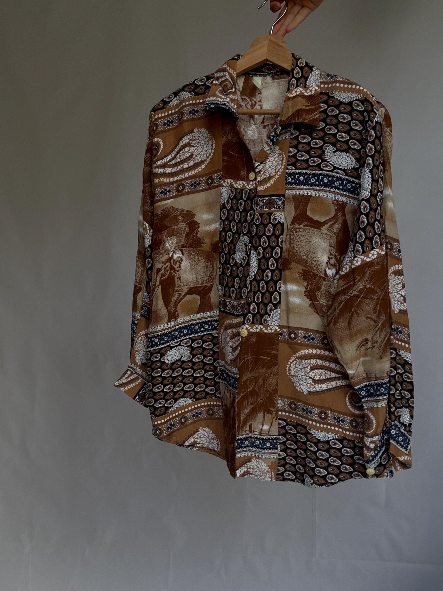 Vintage patch print blouse – brown paisley shirt, long sleeve, relaxed fit, 90s boho grandpa style, one size oversized