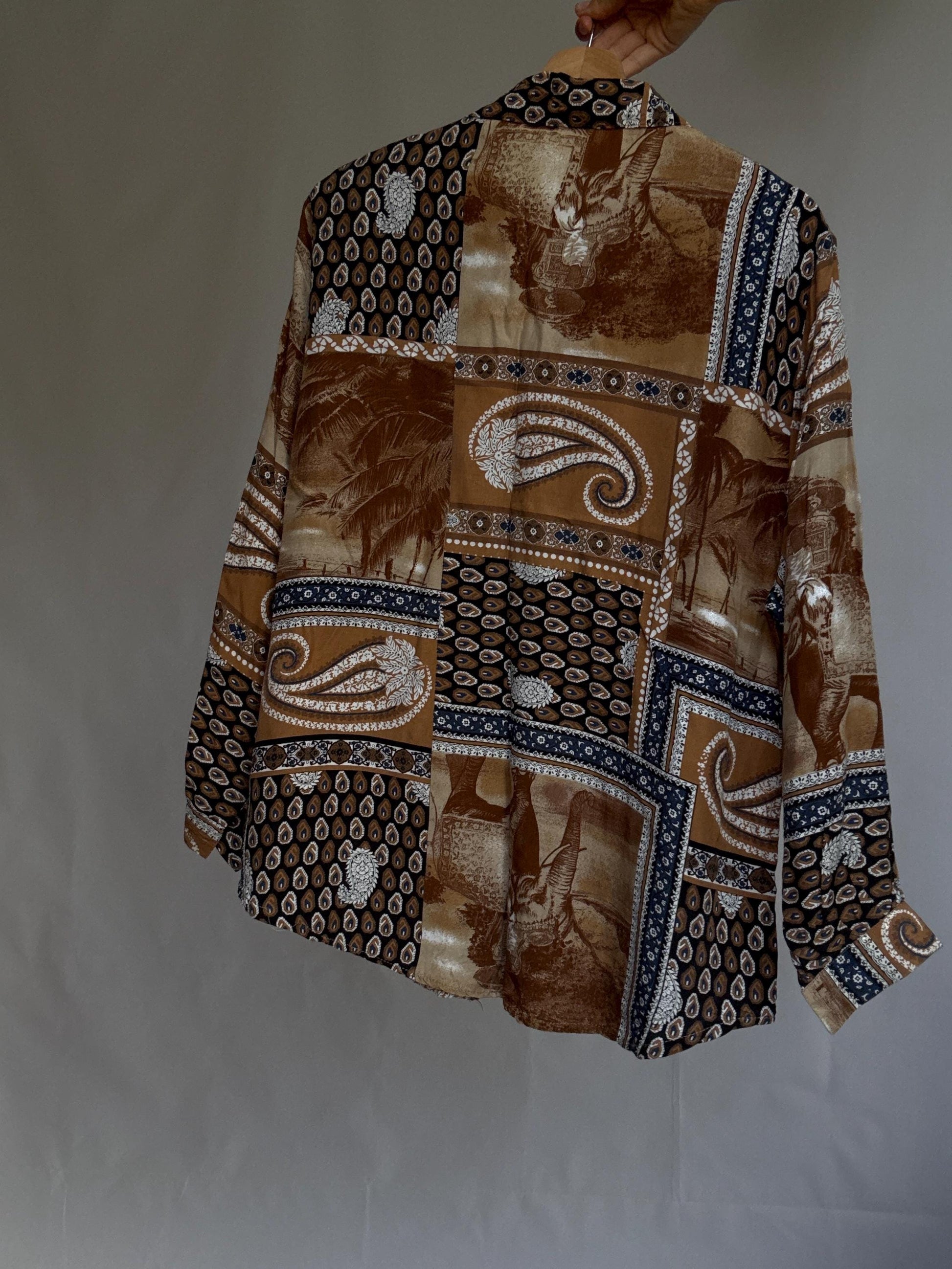 Vintage patch print blouse – brown paisley shirt, long sleeve, relaxed fit, 90s boho grandpa style, one size oversized