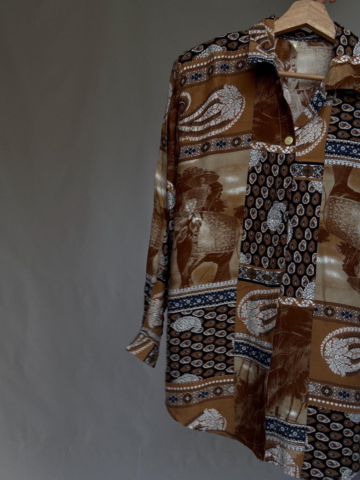 Vintage patch print blouse – brown paisley shirt, long sleeve, relaxed fit, 90s boho grandpa style, one size oversized