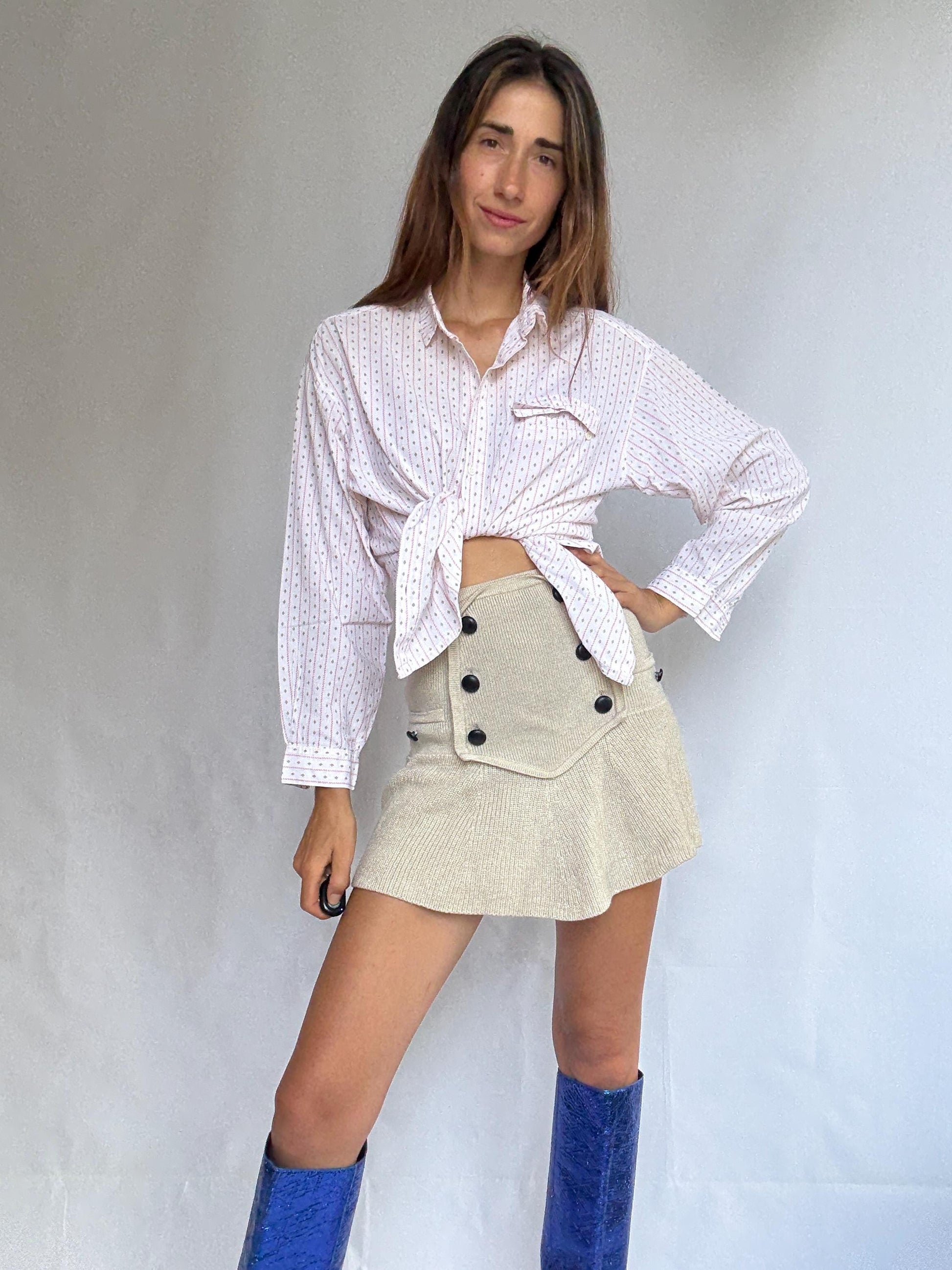 Groovy 70s Cotton Button-Up Shirt | Unisex Vintage Blouse | Pink Retro Print | Size L (DE 40 / UK 14 / US 10)