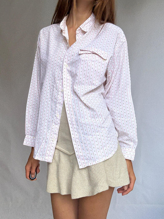 Groovy 70s Cotton Button-Up Shirt | Unisex Vintage Blouse | Pink Retro Print | Size L (DE 40 / UK 14 / US 10)