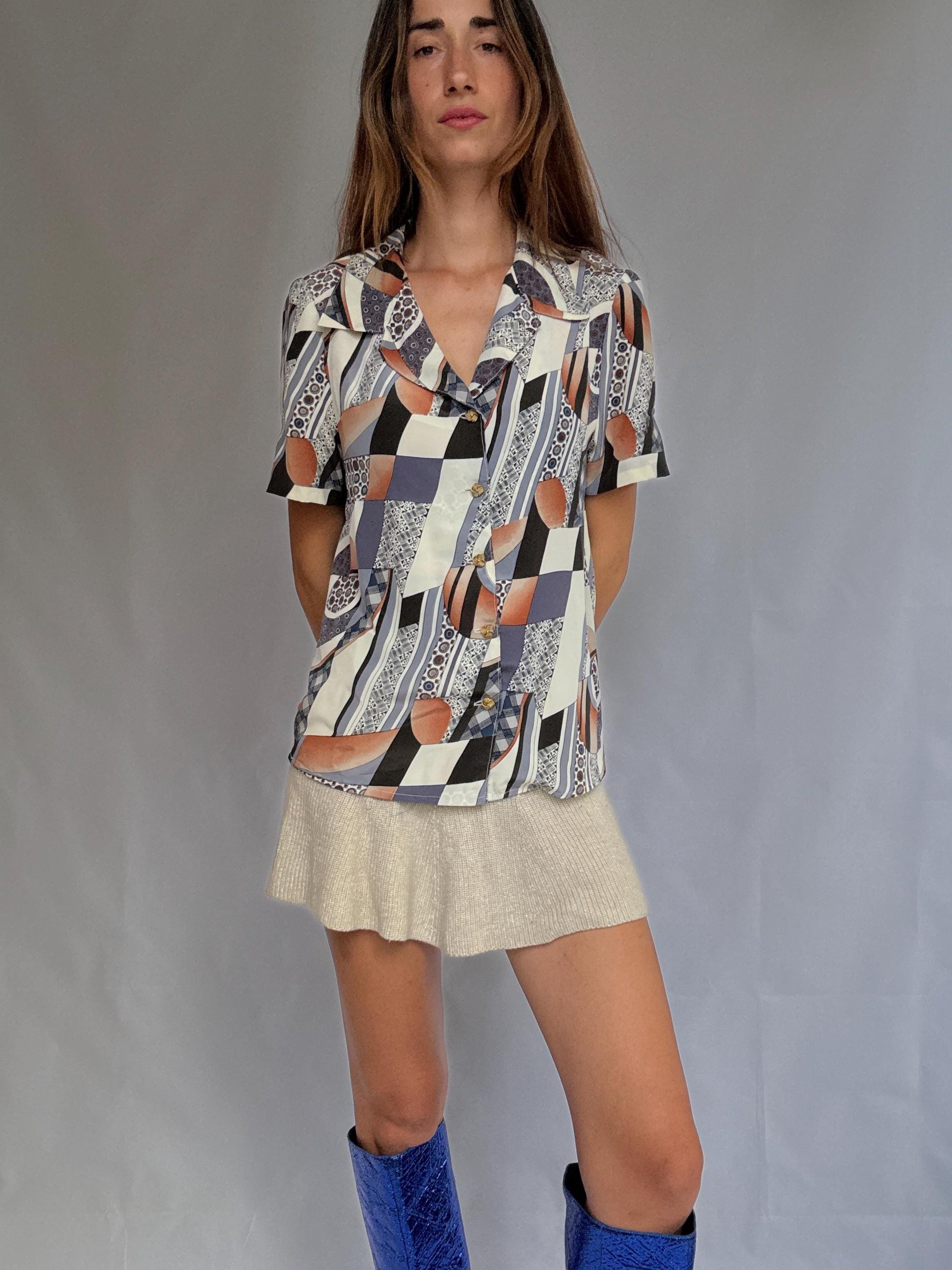 Vintage handmade short sleeve blouse, retro geometric print, one of a kind button-up shirt, lightweight and silky, 90s style top