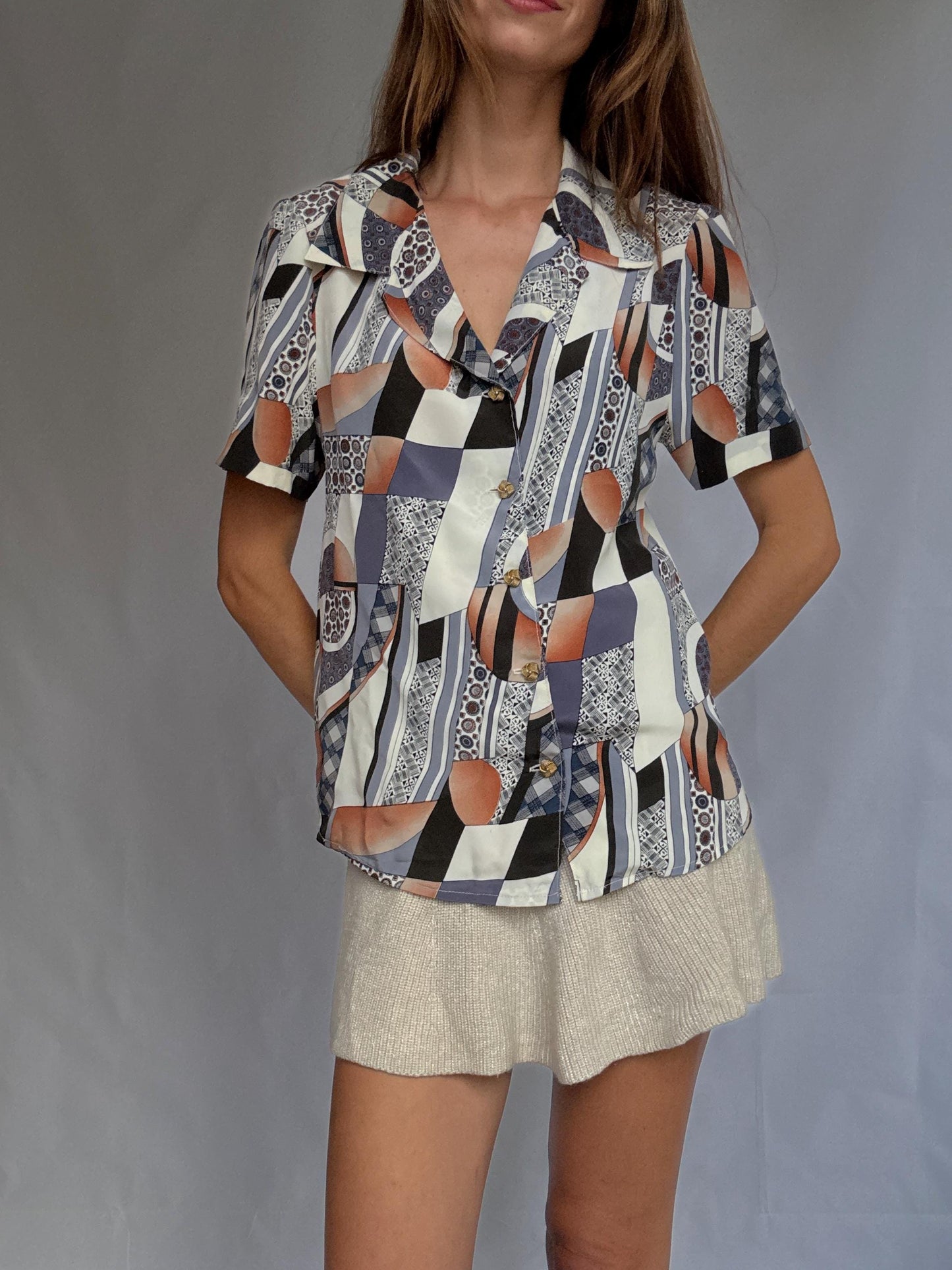 Vintage handmade short sleeve blouse, retro geometric print, one of a kind button-up shirt, lightweight and silky, 90s style top
