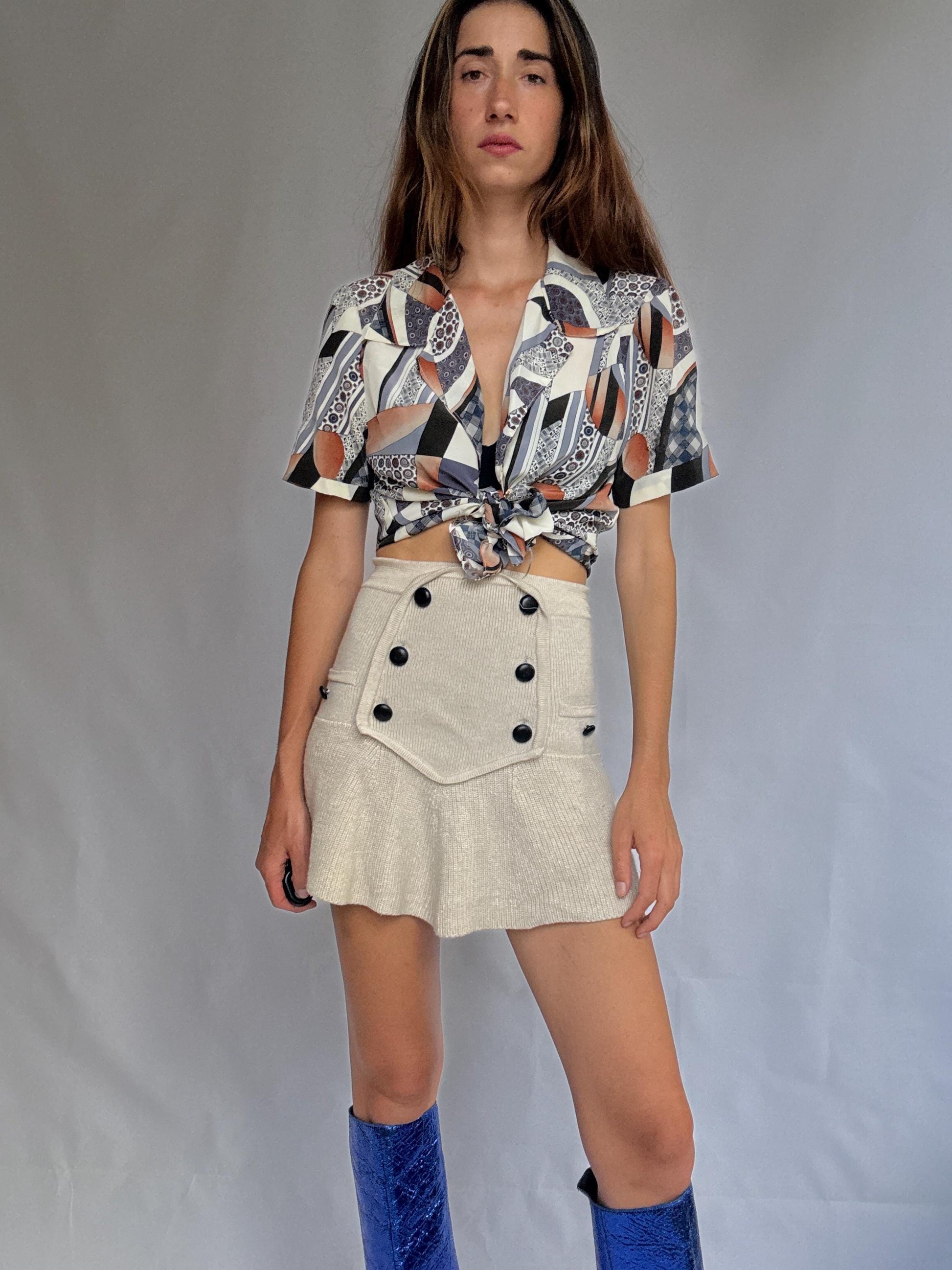 Vintage handmade short sleeve blouse, retro geometric print, one of a kind button-up shirt, lightweight and silky, 90s style top