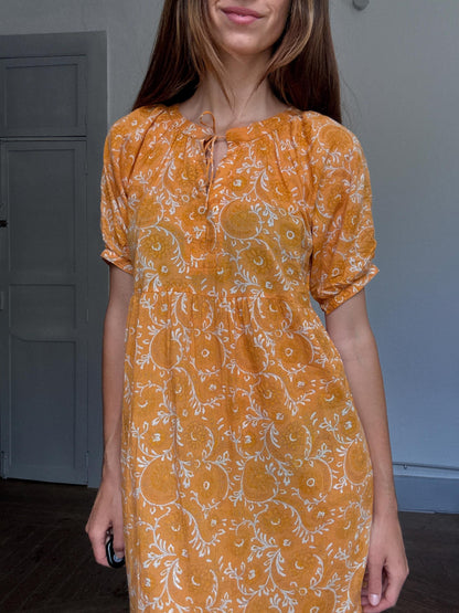 Cotton floral maxi dress in golden orange boho style, Sustainable summer fit, Burnt orange long dress