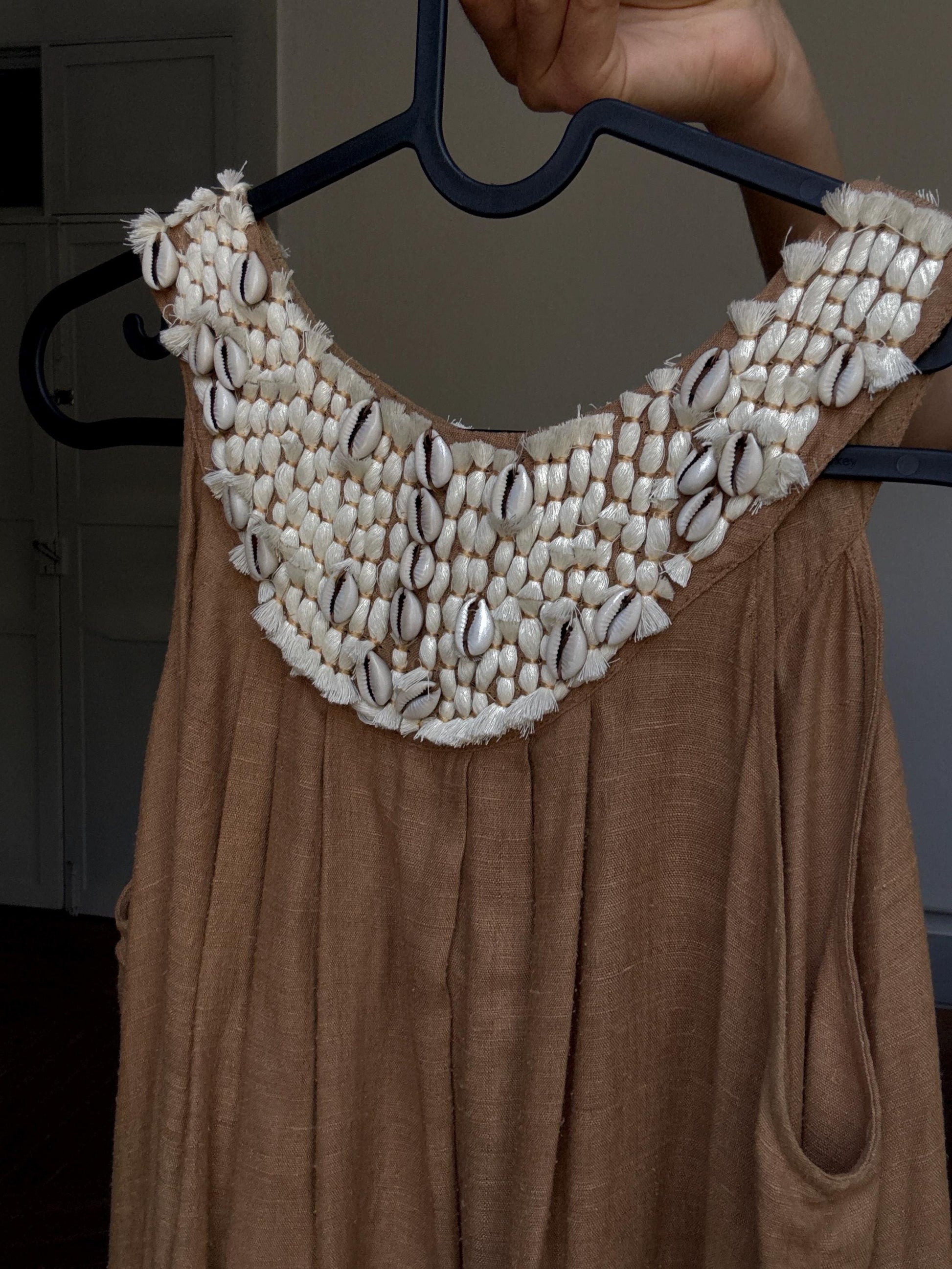 Boho beachy sleeveless top with real cowrie shell neckline – flowy earthy brown linen-style summer blouse