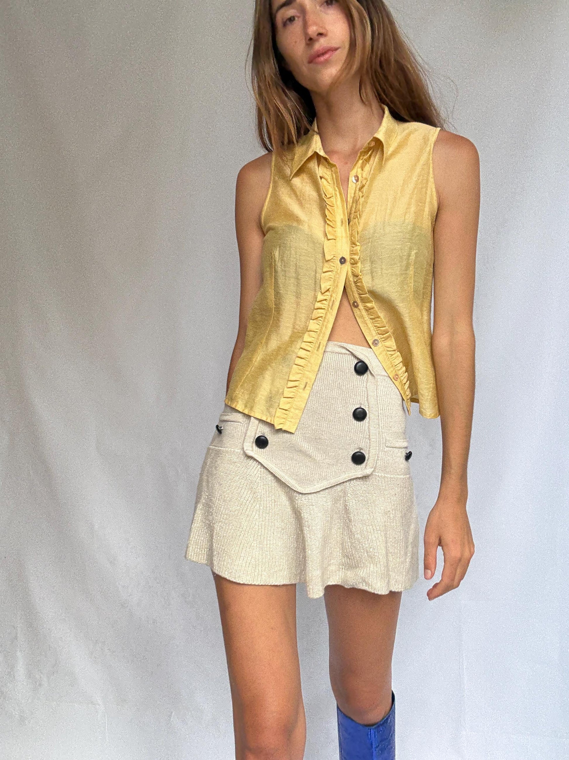 Vintage yellow sleeveless blouse with ruffle trim, Made in Spain, soft viscose silk blend, size 38 button-up summer top