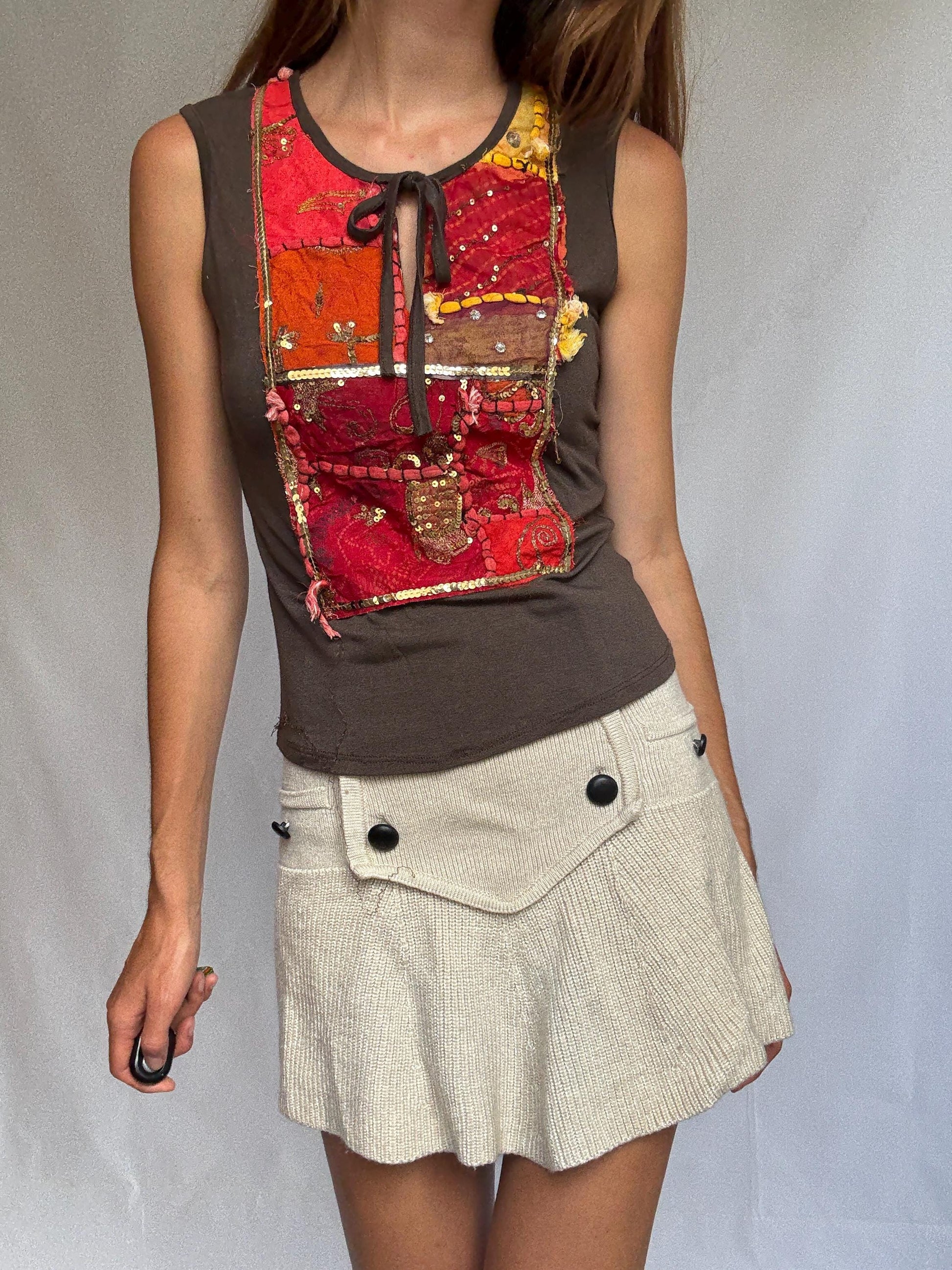 Boho k2 sleeveless top with handmade sequin patchwork, brown stretch tank made in Italy, soft viscose blend, artisan hippie style