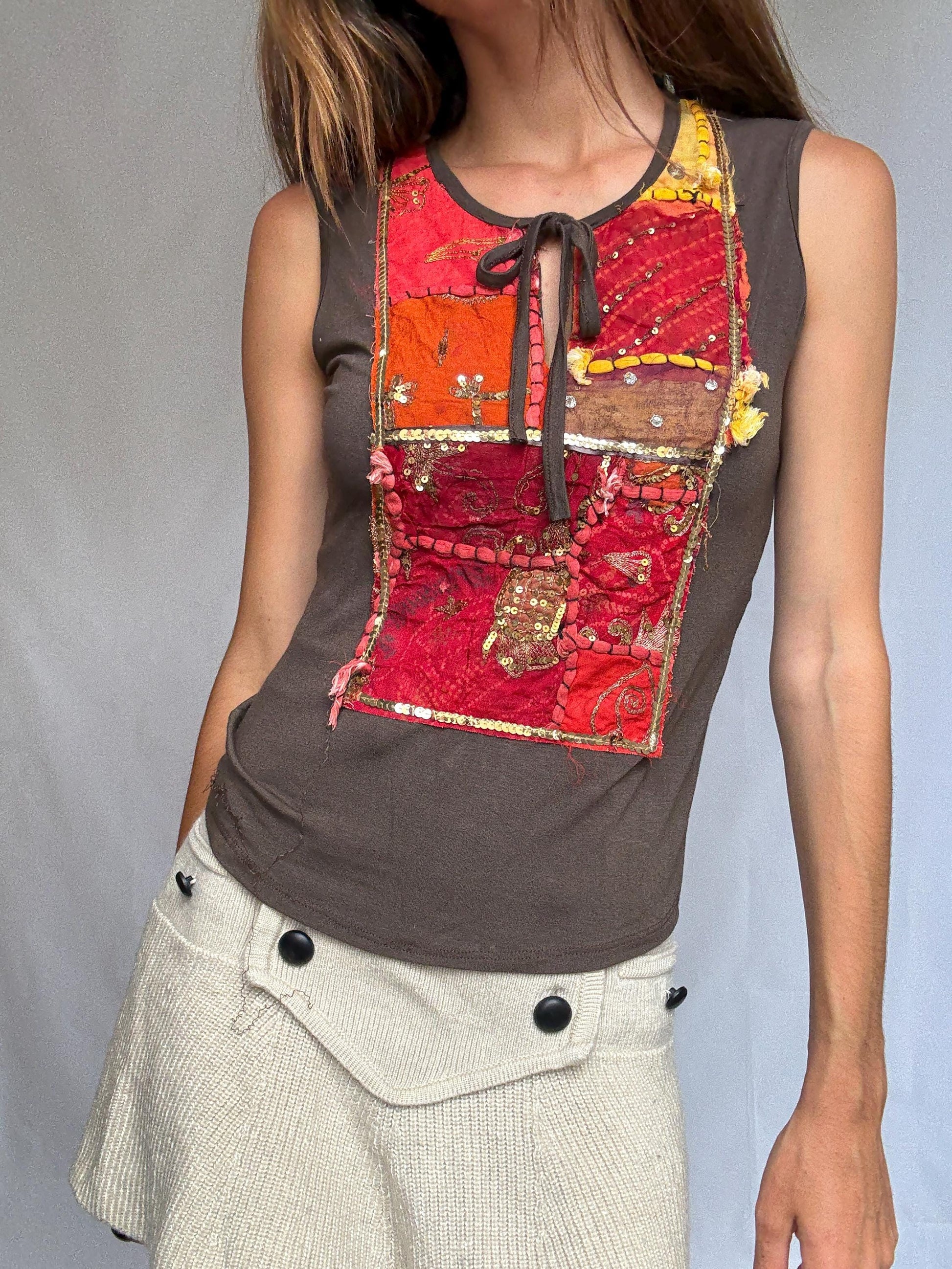 Boho k2 sleeveless top with handmade sequin patchwork, brown stretch tank made in Italy, soft viscose blend, artisan hippie style