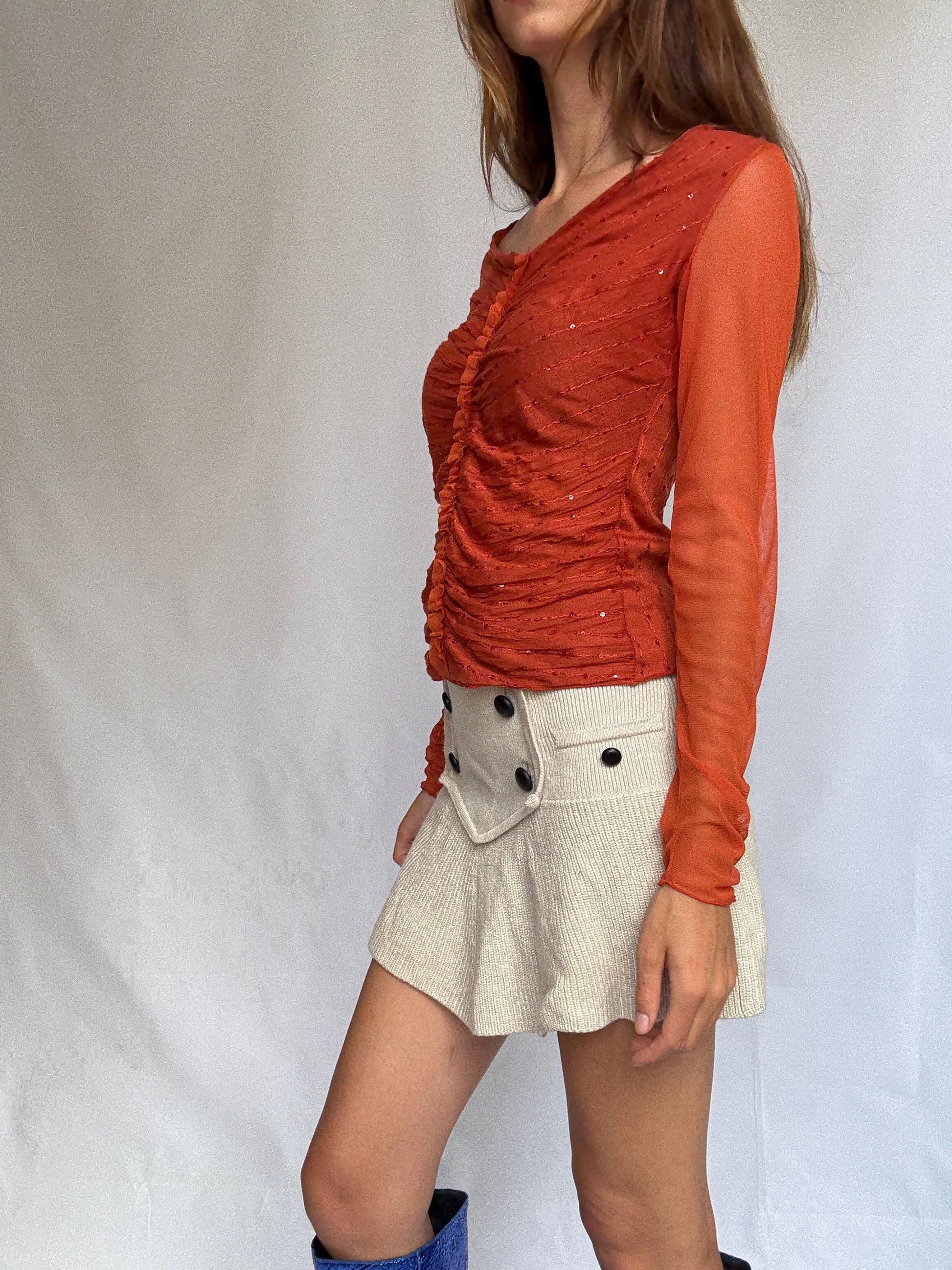 90s Vintage Lola Mubell Mesh Sequin Top, Retro long sleeve Y2K clothing – M