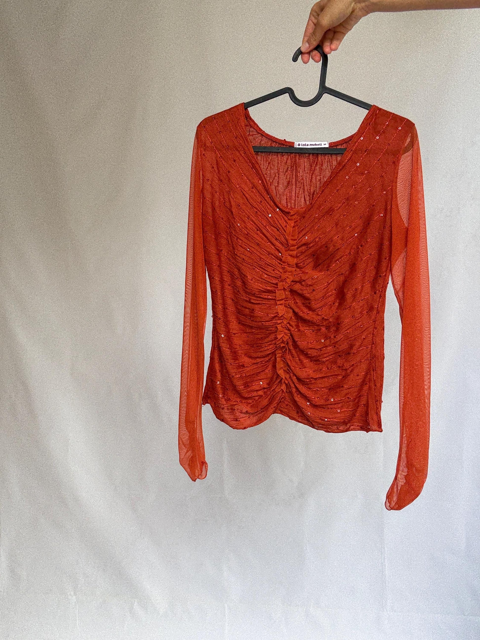 90s Vintage Lola Mubell Mesh Sequin Top, Retro long sleeve Y2K clothing – M
