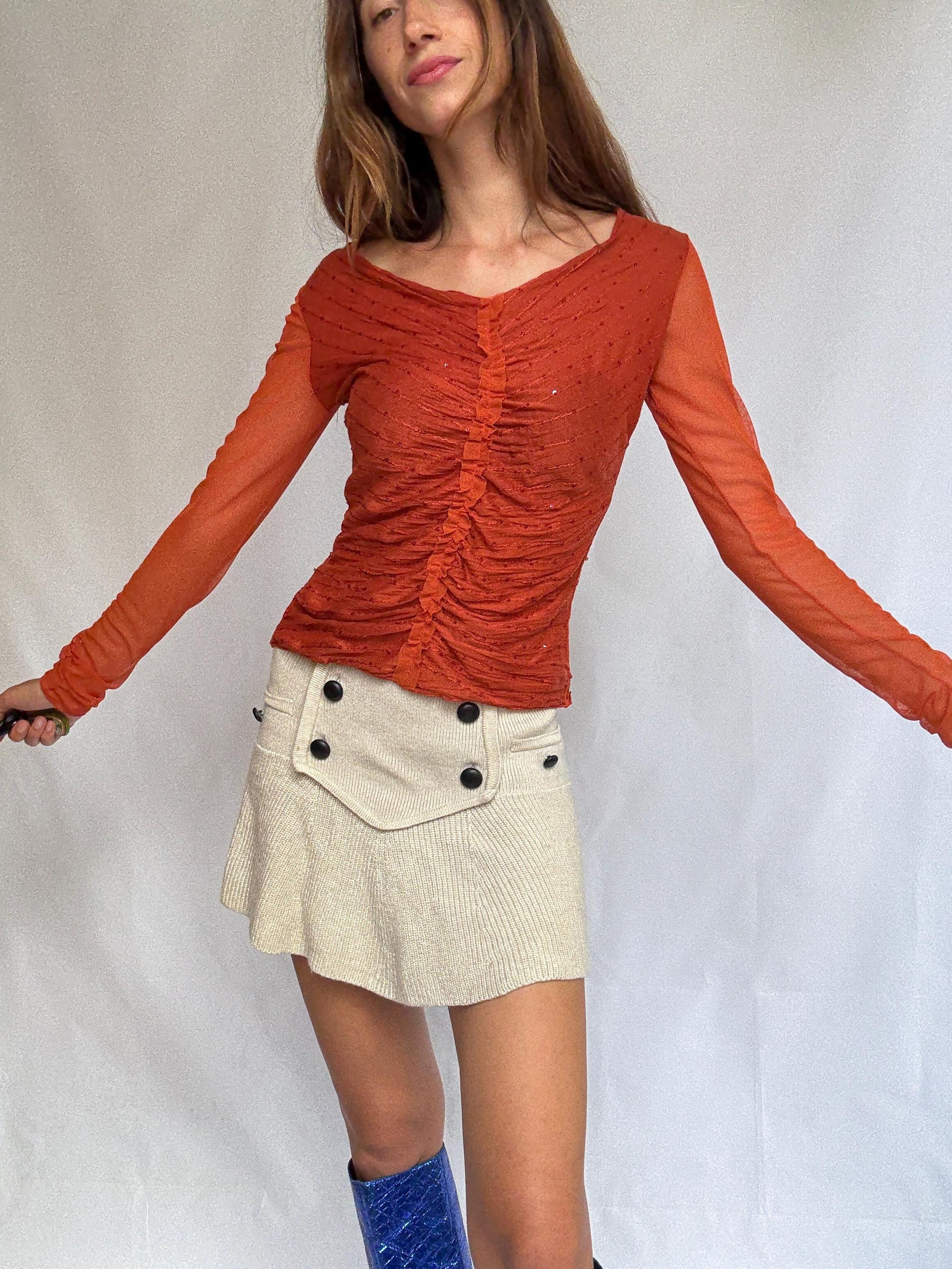 90s Vintage Lola Mubell Mesh Sequin Top, Retro long sleeve Y2K clothing – M