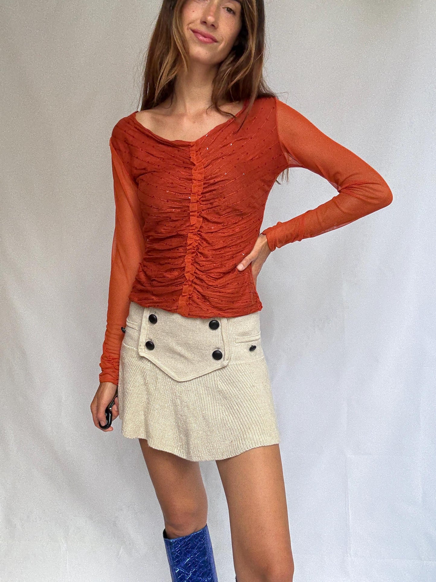 90s Vintage Lola Mubell Mesh Sequin Top, Retro long sleeve Y2K clothing – M