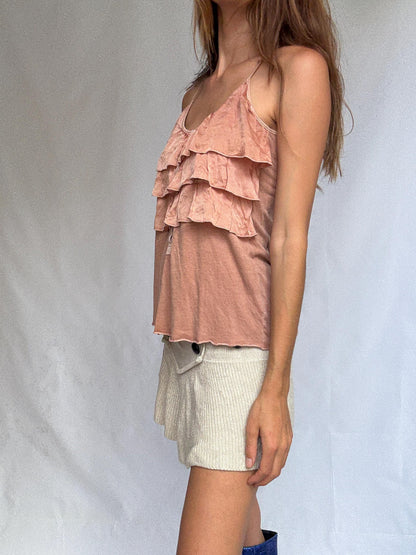 Dusty Pink Ruffle Camisole in Cotton Silk Blend — fabric close-up