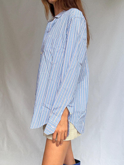 Ungaro Vintage Striped Cotton Shirt - Blue Oversized Button-Up