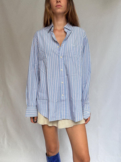 Ungaro Vintage Striped Cotton Shirt - Blue Oversized Button-Up