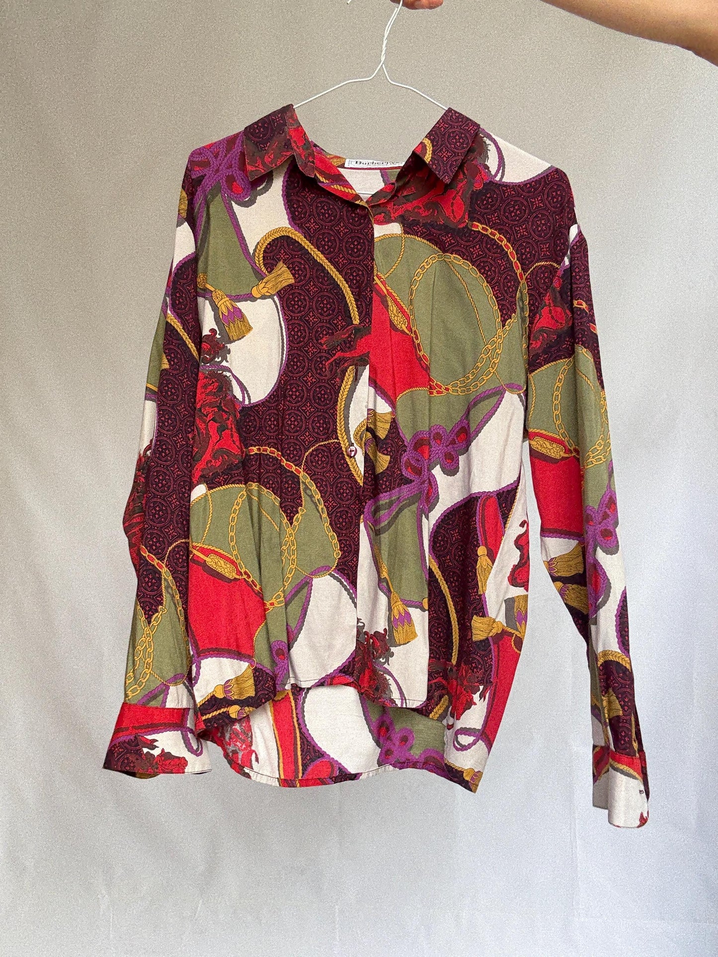 Vintage Burberry Scarf Print Blouse – Jewel Tones & Chains – Statement Retro Shirt