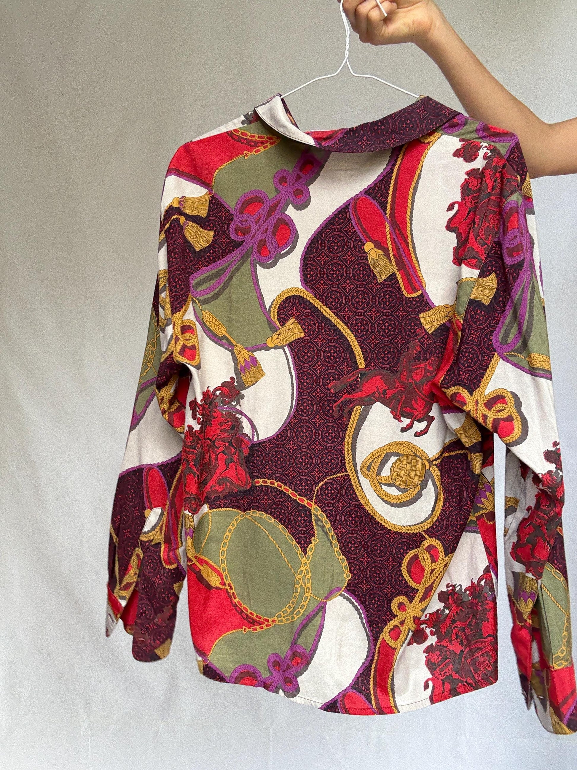 Vintage Burberry Scarf Print Blouse – Jewel Tones & Chains – Statement Retro Shirt