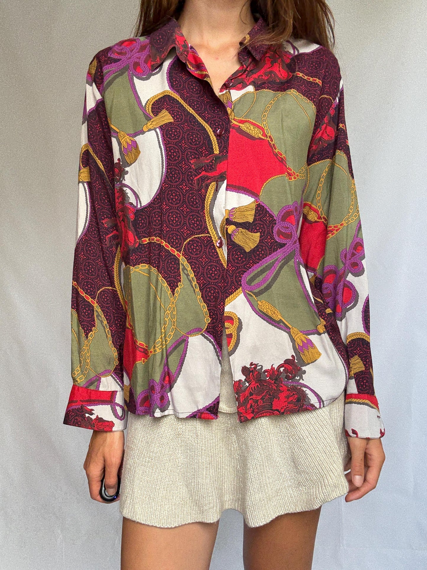 Vintage Burberry Scarf Print Blouse – Jewel Tones & Chains – Statement Retro Shirt