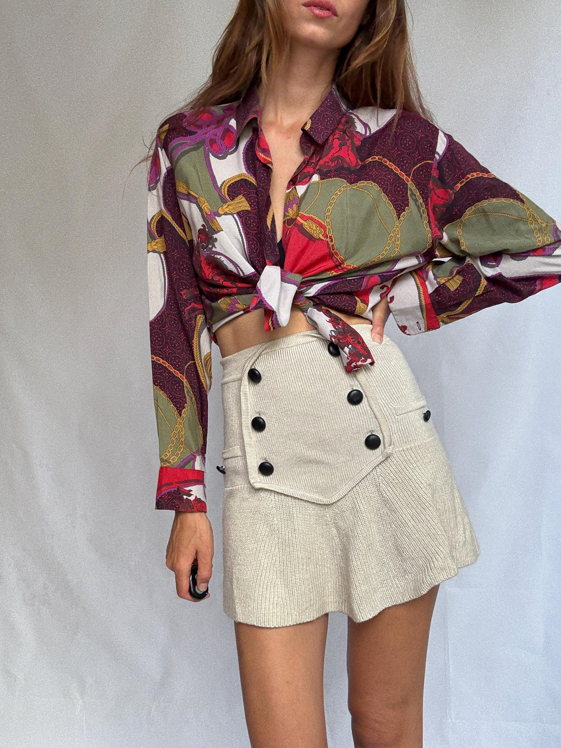 Vintage Burberry Scarf Print Blouse – Jewel Tones & Chains – Statement Retro Shirt