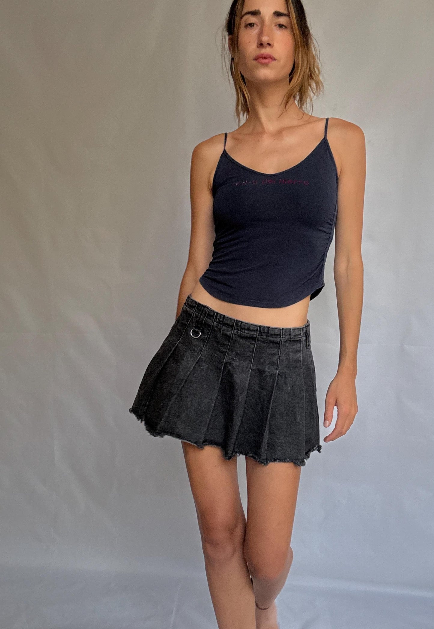 Pedro del Hierro navy cami top with rhinestone logo, y2k style fitted tank, thin straps, size XXS extra small