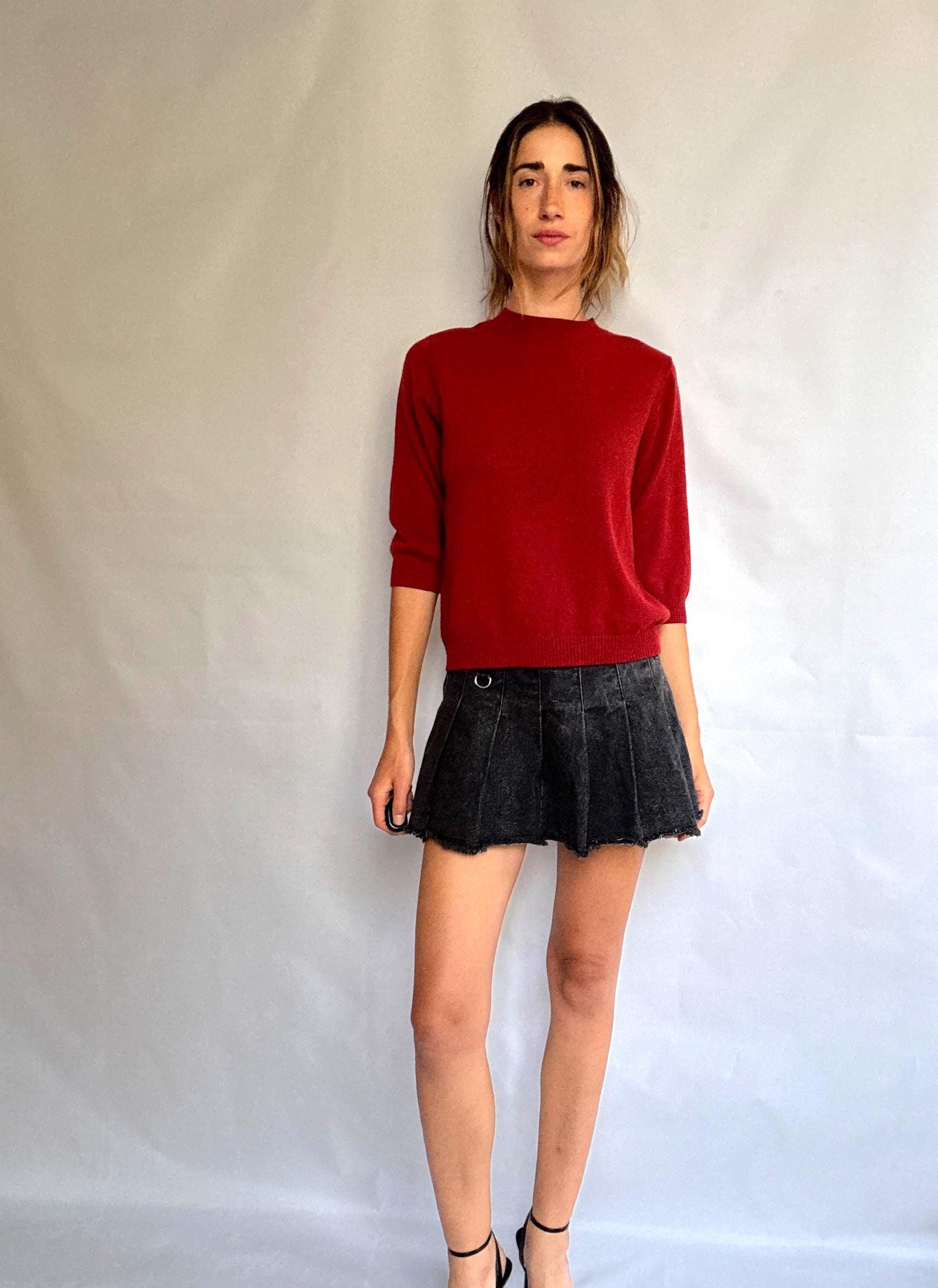 Vintage red jumper by Adolfo Dominguez – wool blend feel, crew neck, soft textured knit, relaxed fit, size L
