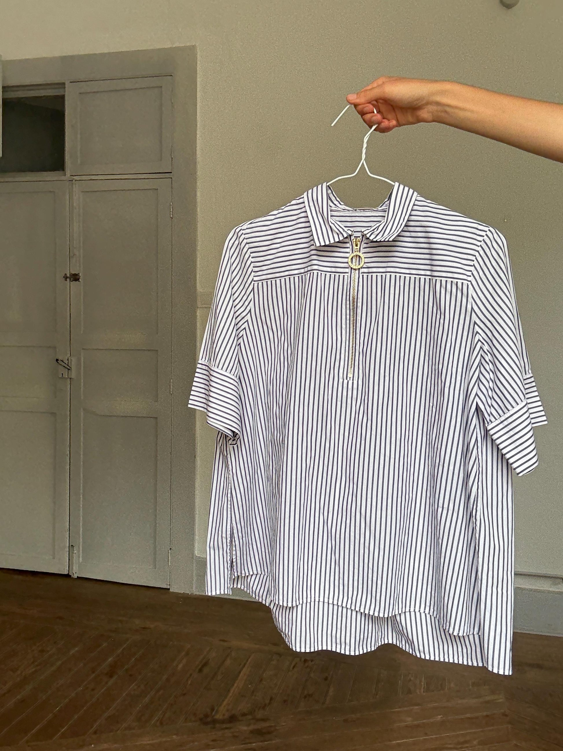 French Girl Zip-Up Blouse | Purificación García Luxury Striped Shirt | Navy White Chic Top | Size M, Emily in Paris aesthetic