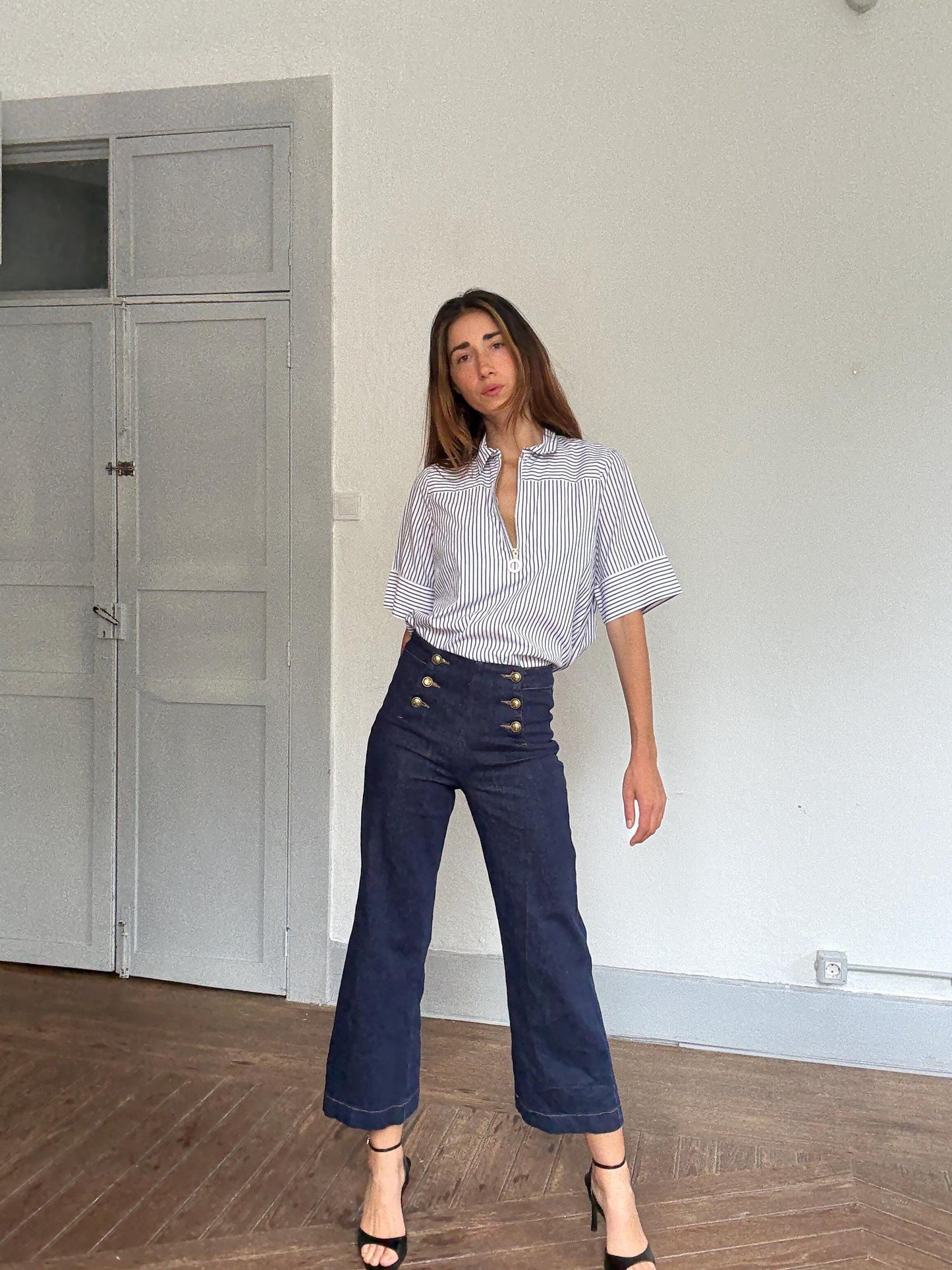 French Girl Zip-Up Blouse | Purificación García Luxury Striped Shirt | Navy White Chic Top | Size M, Emily in Paris aesthetic