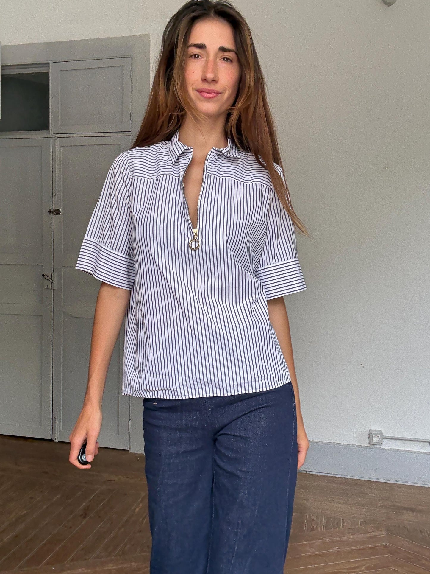 French Girl Zip-Up Blouse | Purificación García Luxury Striped Shirt | Navy White Chic Top | Size M, Emily in Paris aesthetic