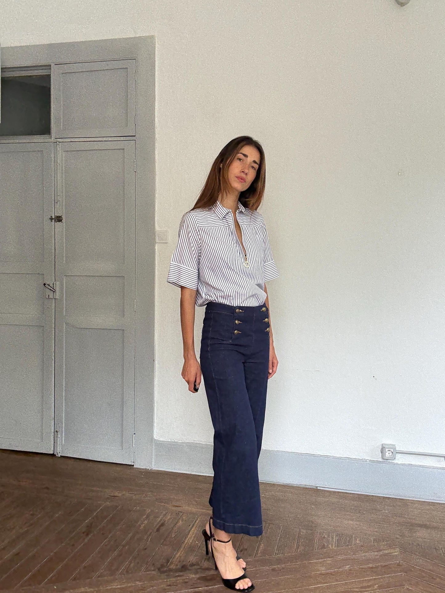 French Girl Zip-Up Blouse | Purificación García Luxury Striped Shirt | Navy White Chic Top | Size M, Emily in Paris aesthetic