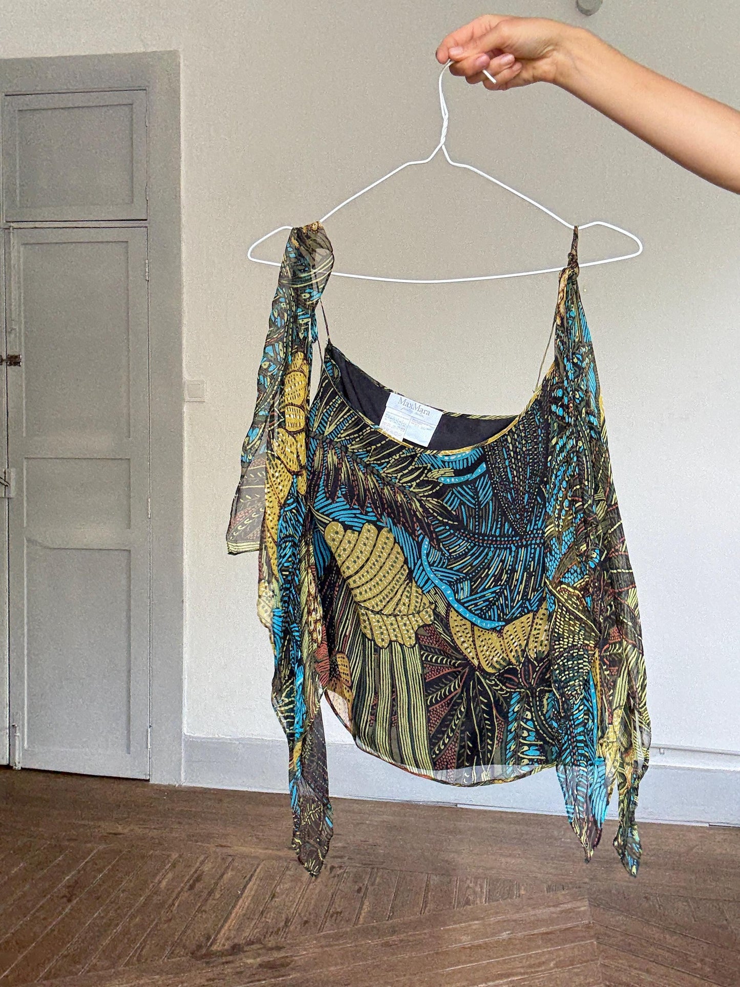 Max Mara Pure Silk Boho Top | Designer Cold Shoulder Blouse | Luxury Leaf Print Festival Top