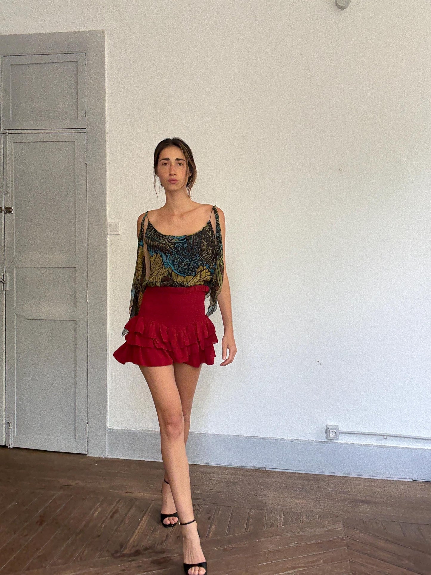 Max Mara Pure Silk Boho Top | Designer Cold Shoulder Blouse | Luxury Leaf Print Festival Top