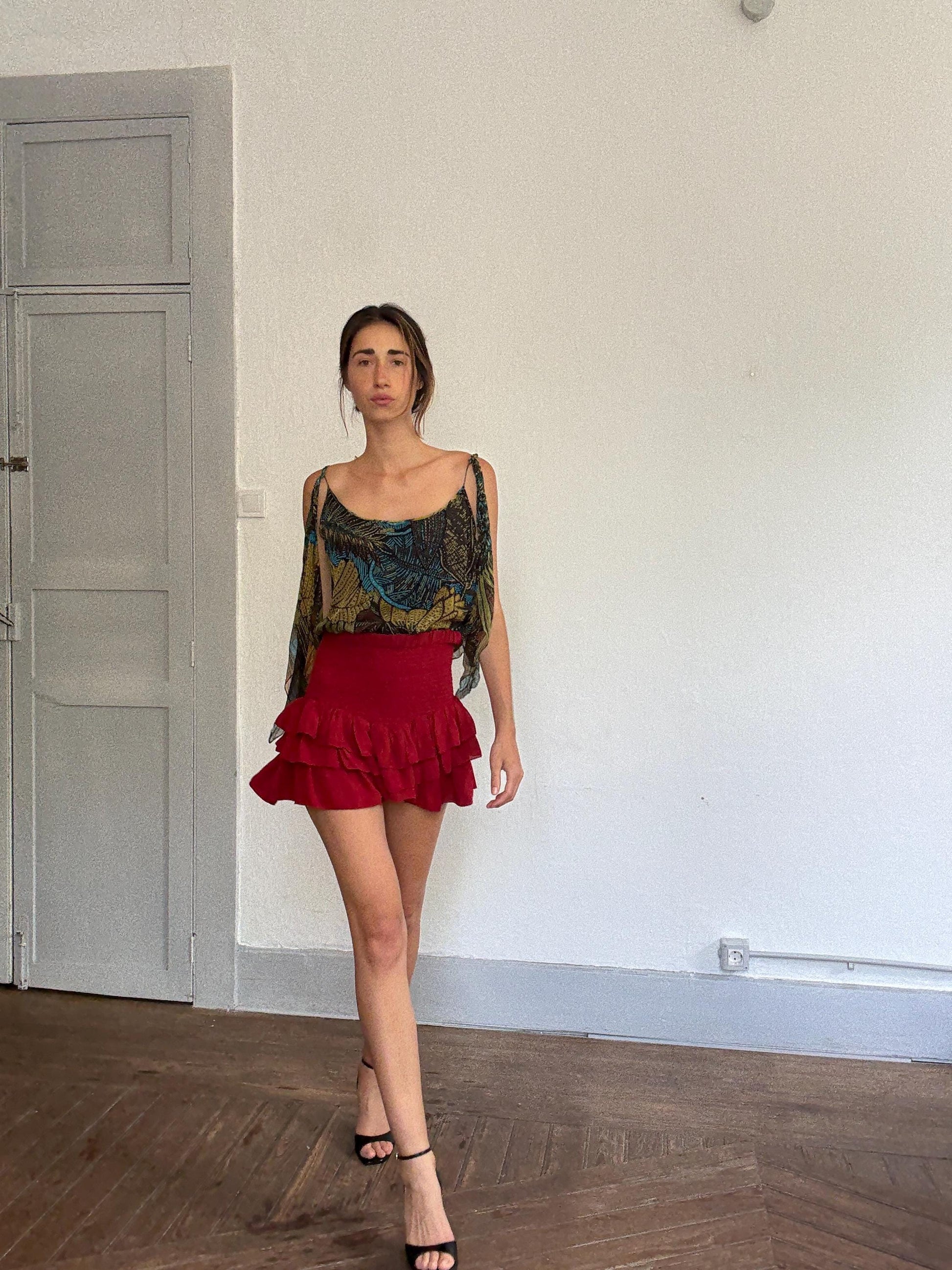 Max Mara Pure Silk Boho Top | Designer Cold Shoulder Blouse | Luxury Leaf Print Festival Top