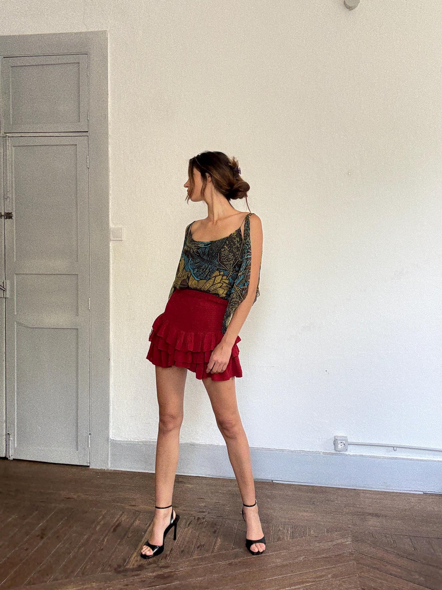 Max Mara Pure Silk Boho Top | Designer Cold Shoulder Blouse | Luxury Leaf Print Festival Top