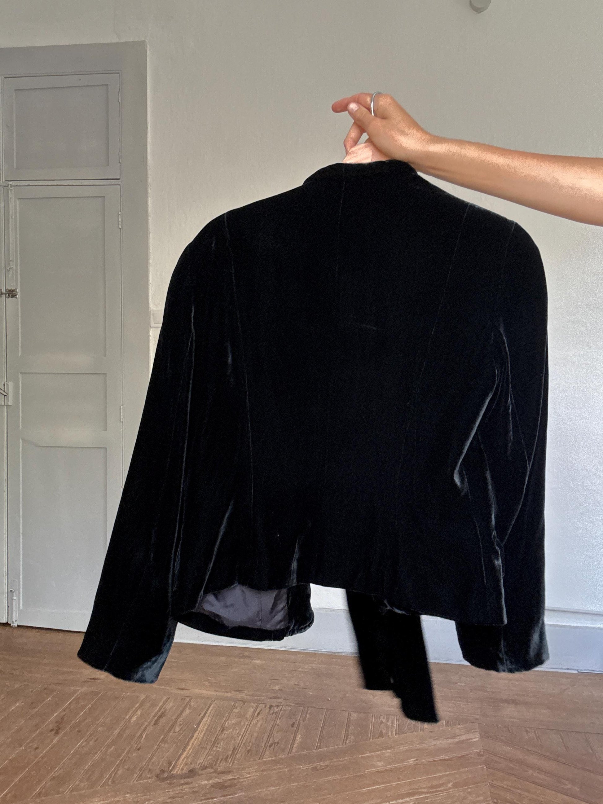 Purificación García Velvet Bow Blazer | French Girl Parisian Jacket | Luxury Black Tie-Neck Evening Blazer, Size M - L