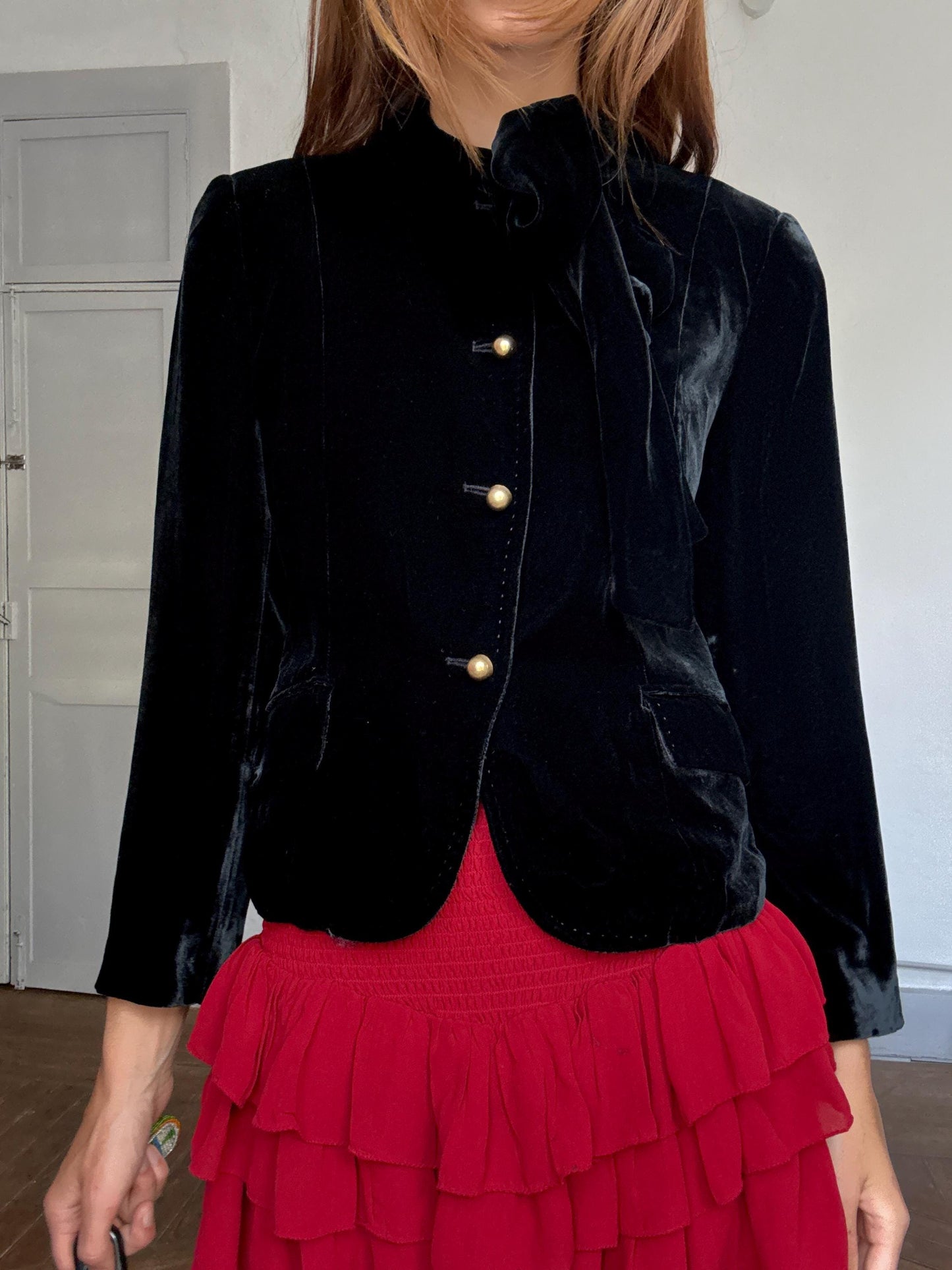 Purificación García Velvet Bow Blazer | French Girl Parisian Jacket | Luxury Black Tie-Neck Evening Blazer, Size M - L