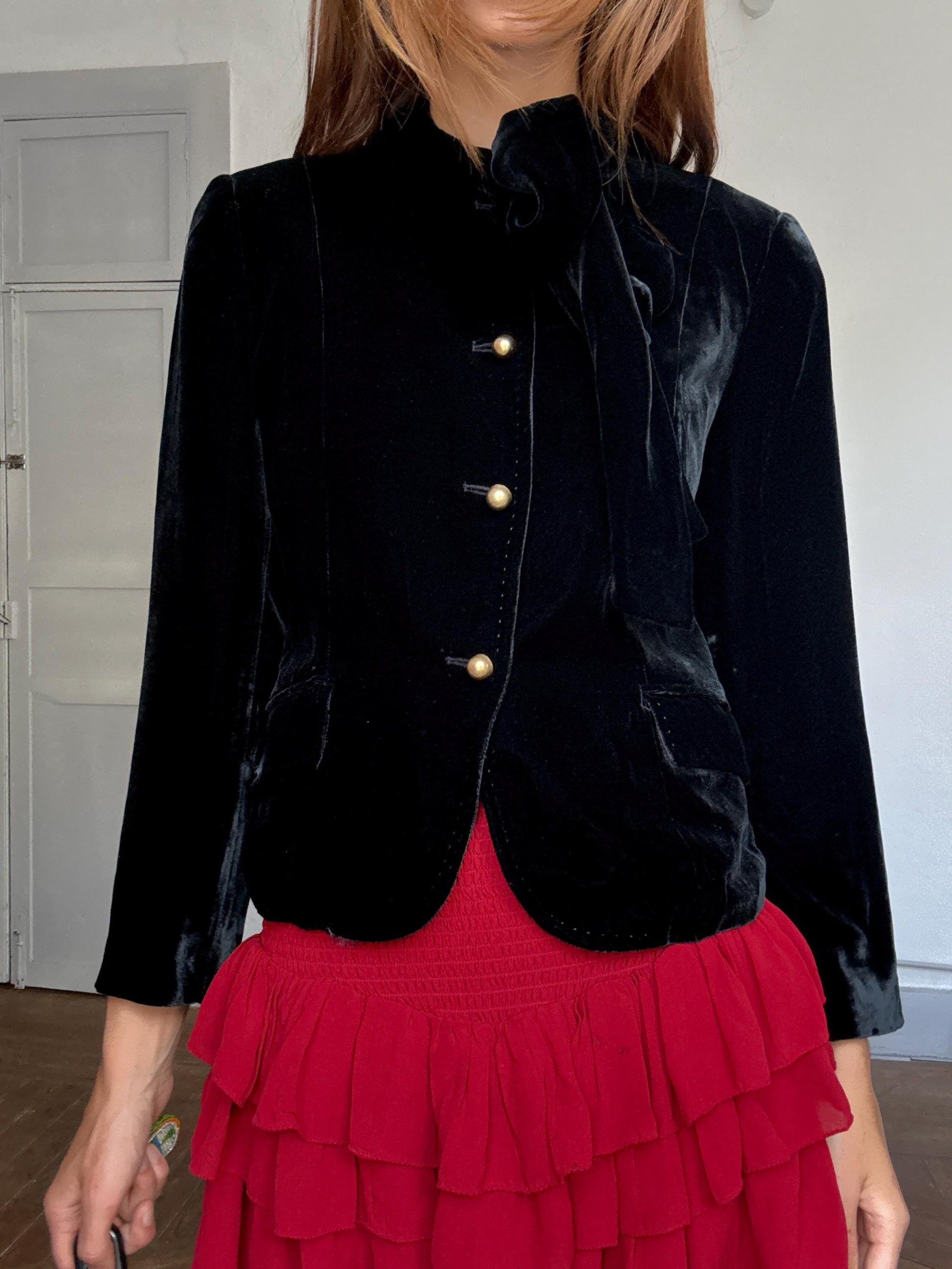 Purificación García Velvet Bow Blazer | French Girl Parisian Jacket | Luxury Black Tie-Neck Evening Blazer, Size M - L