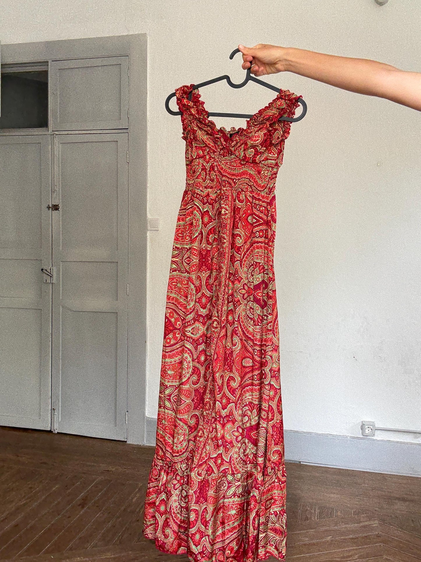 Silk Boho Maxi Dress | Red Gold Summer Dress | Romantic V Neck Silk Dress | Vintage Inspired Gypsy Gown | Size S