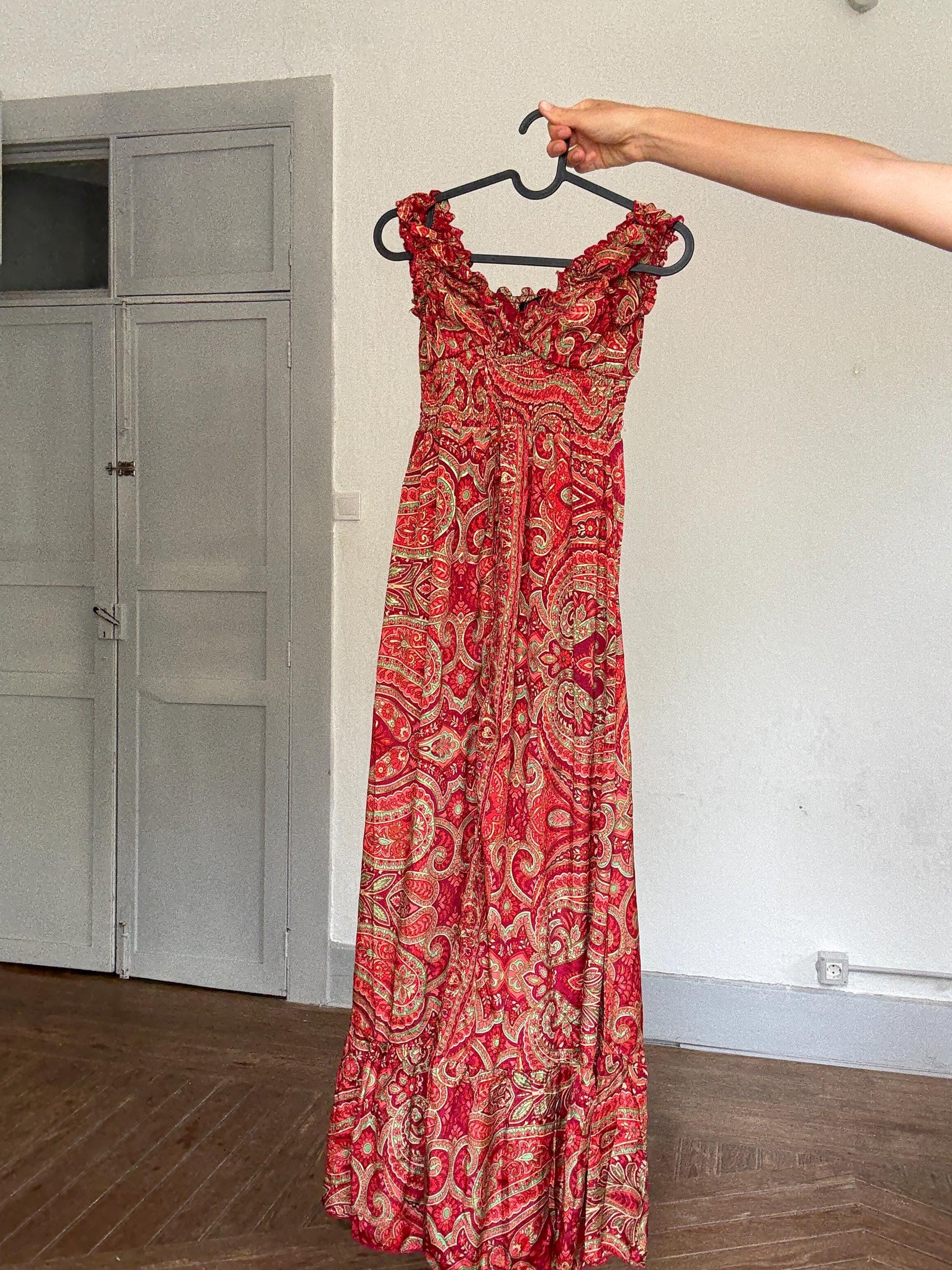 Silk Boho Maxi Dress | Red Gold Summer Dress | Romantic V Neck Silk Dress | Vintage Inspired Gypsy Gown | Size S