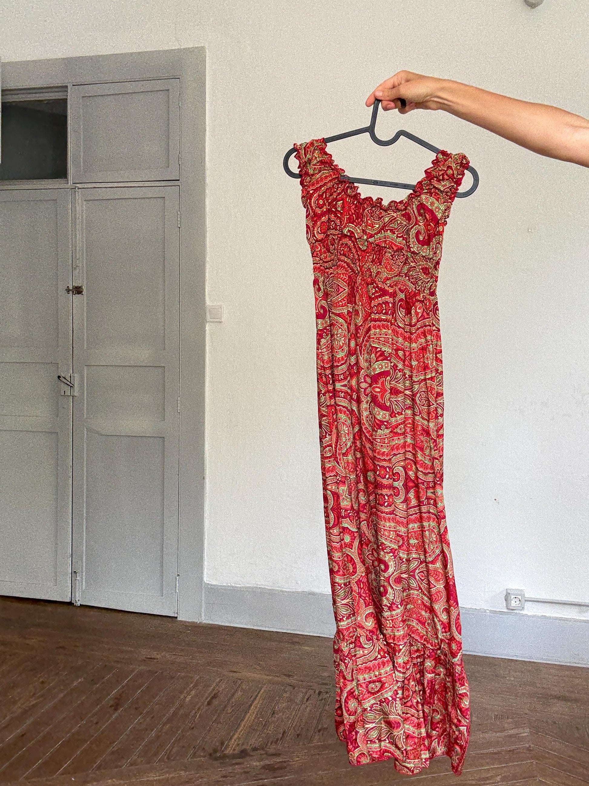 Silk Boho Maxi Dress | Red Gold Summer Dress | Romantic V Neck Silk Dress | Vintage Inspired Gypsy Gown | Size S