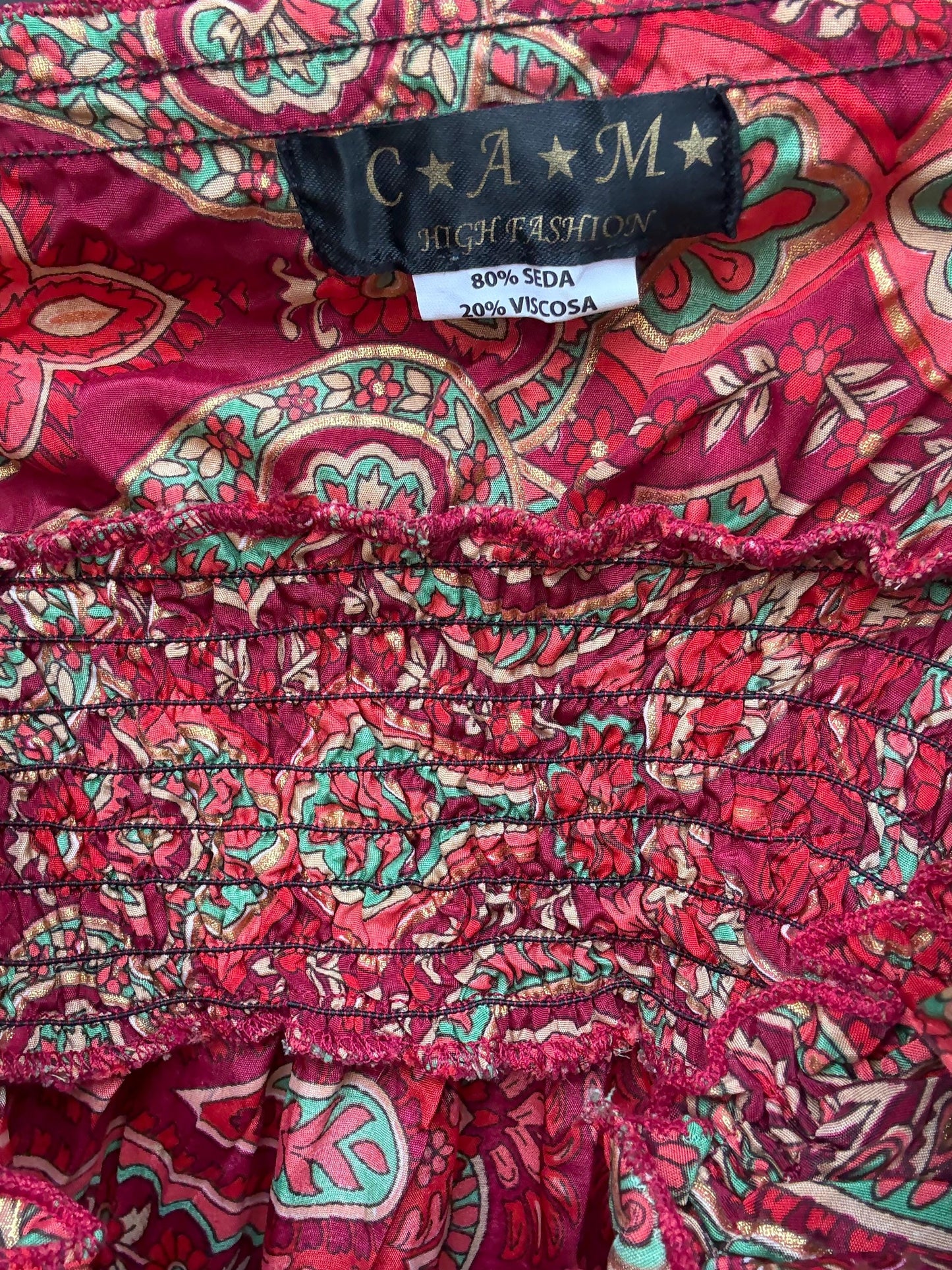 Silk Boho Maxi Dress | Red Gold Summer Dress | Romantic V Neck Silk Dress | Vintage Inspired Gypsy Gown | Size S