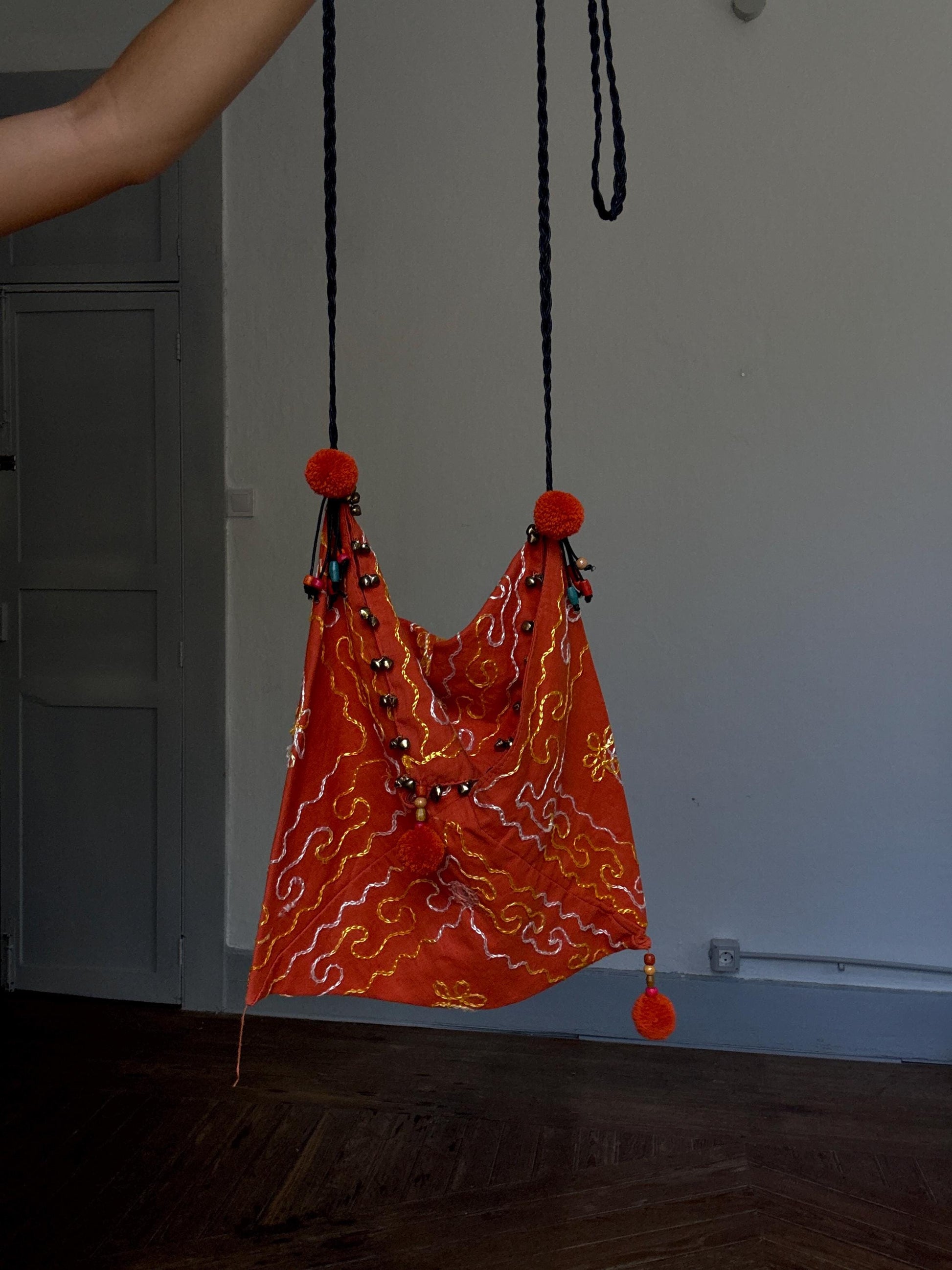 Boho Orange Crossbody Bag | Mirror Embroidered Festival Bag | Beaded Indian Gypsy Pouch | Handmade Envelope Shoulder Bag