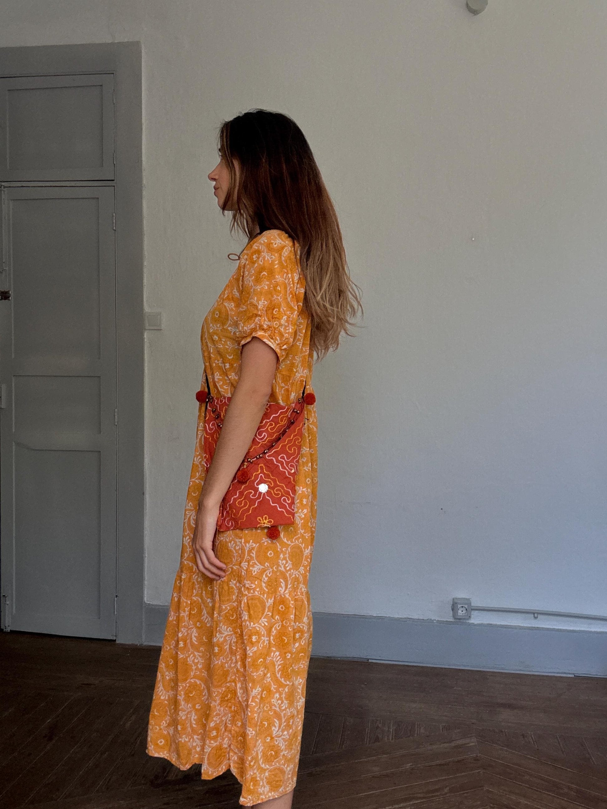 Boho Orange Crossbody Bag | Mirror Embroidered Festival Bag | Beaded Indian Gypsy Pouch | Handmade Envelope Shoulder Bag