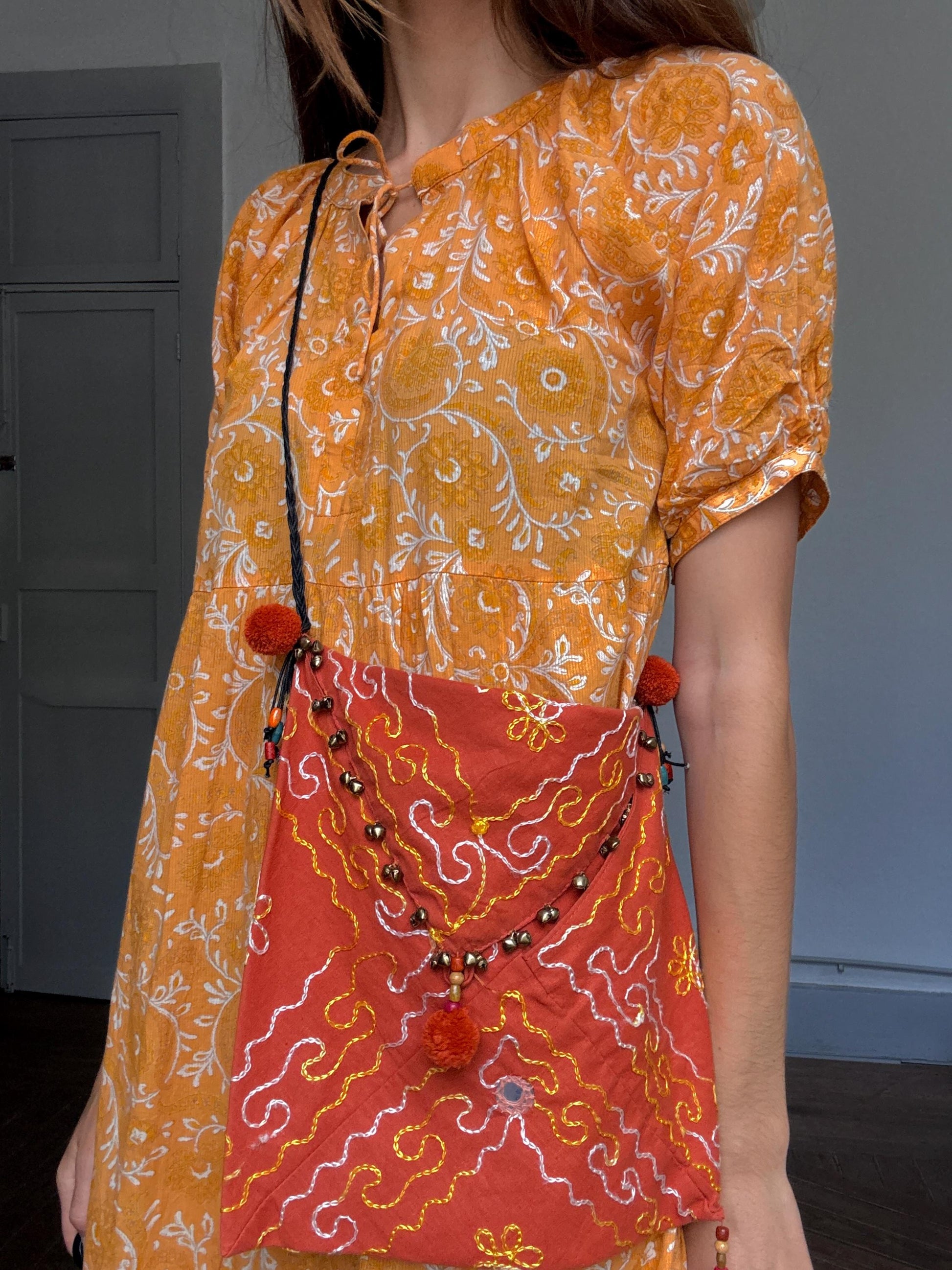 Boho Orange Crossbody Bag | Mirror Embroidered Festival Bag | Beaded Indian Gypsy Pouch | Handmade Envelope Shoulder Bag