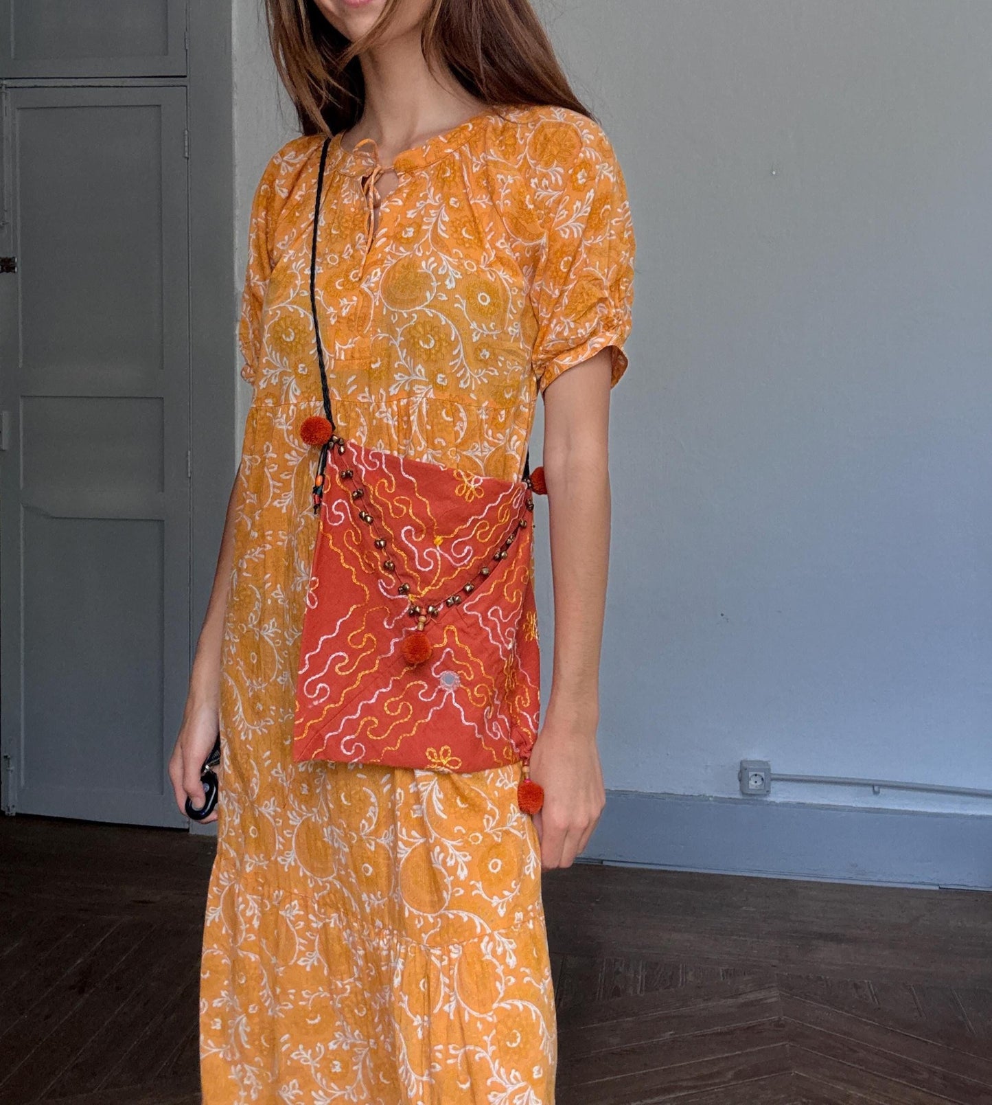 Boho Orange Crossbody Bag | Mirror Embroidered Festival Bag | Beaded Indian Gypsy Pouch | Handmade Envelope Shoulder Bag