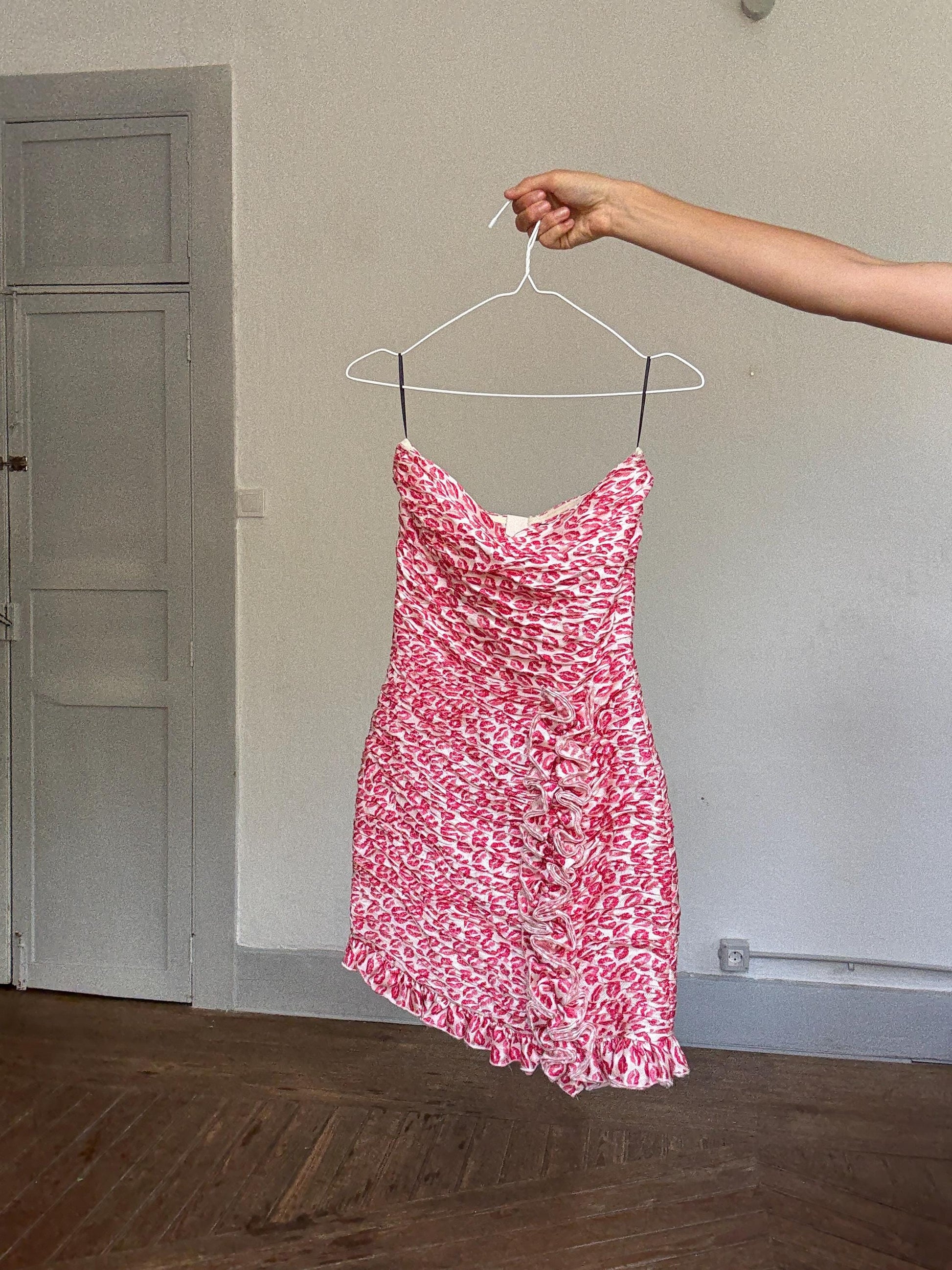 Manoush Y2K Kiss Print Mini Dress | 00s Strapless Pink Lipstick Dress | Ruffle Hem Party Dress | Size FR 36 / UK 8 / US 4